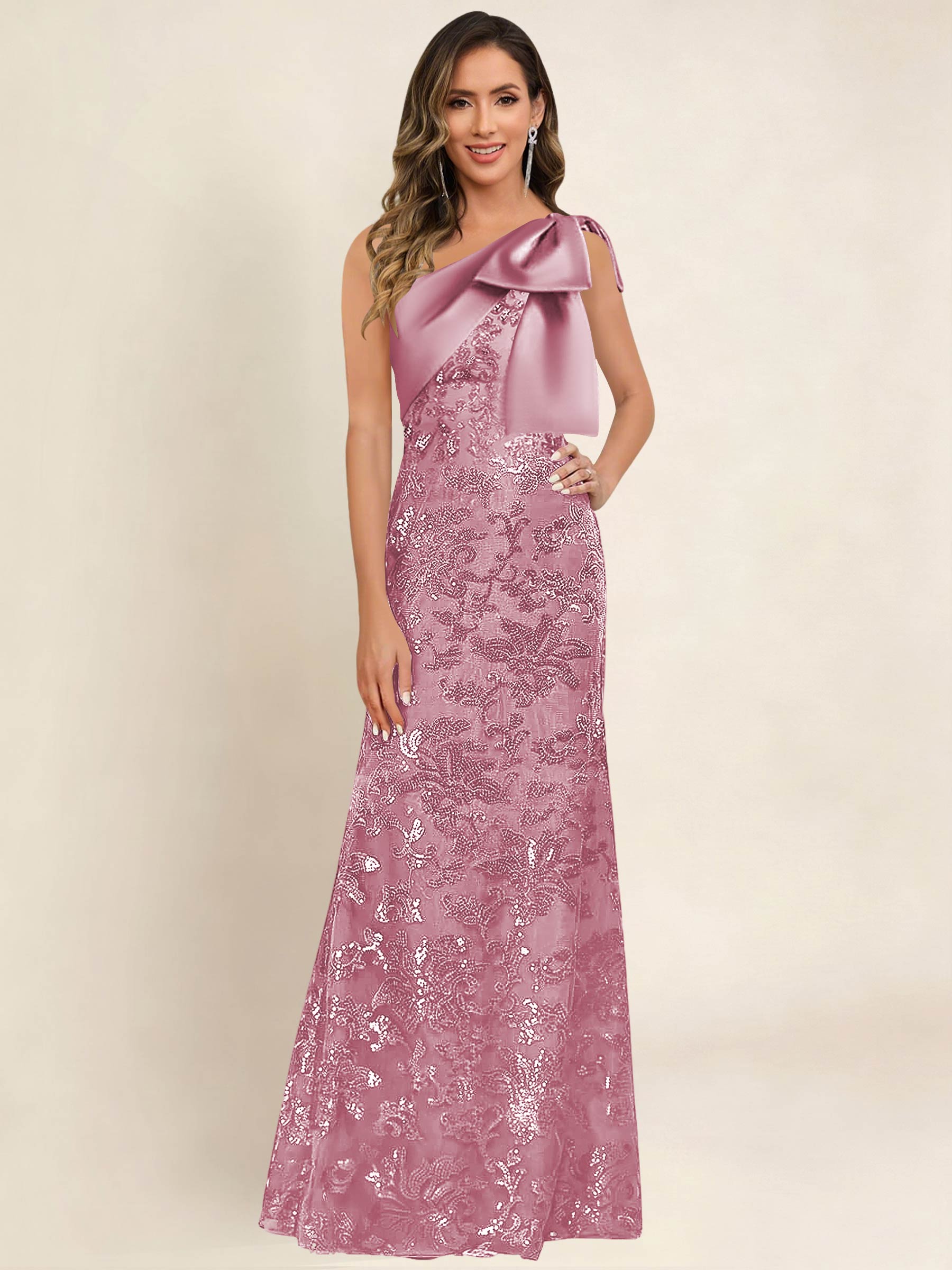 ROVDESY One Shoulder Sequin Mermaid Long Mother Of The Bride Dress Formal Gown With Bow