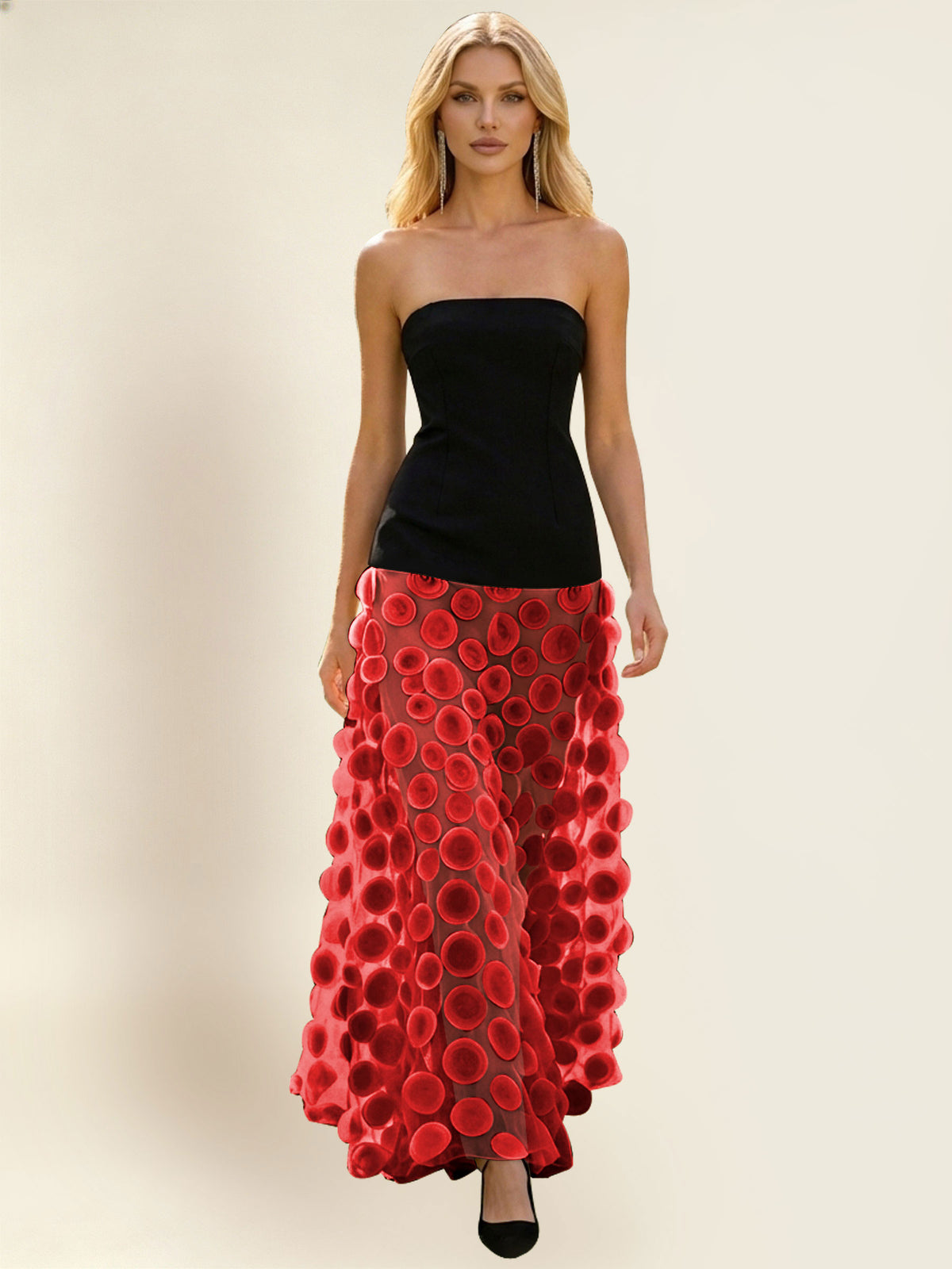 Strapless Contrast 3D Circle Applique Maxi Evening Gown