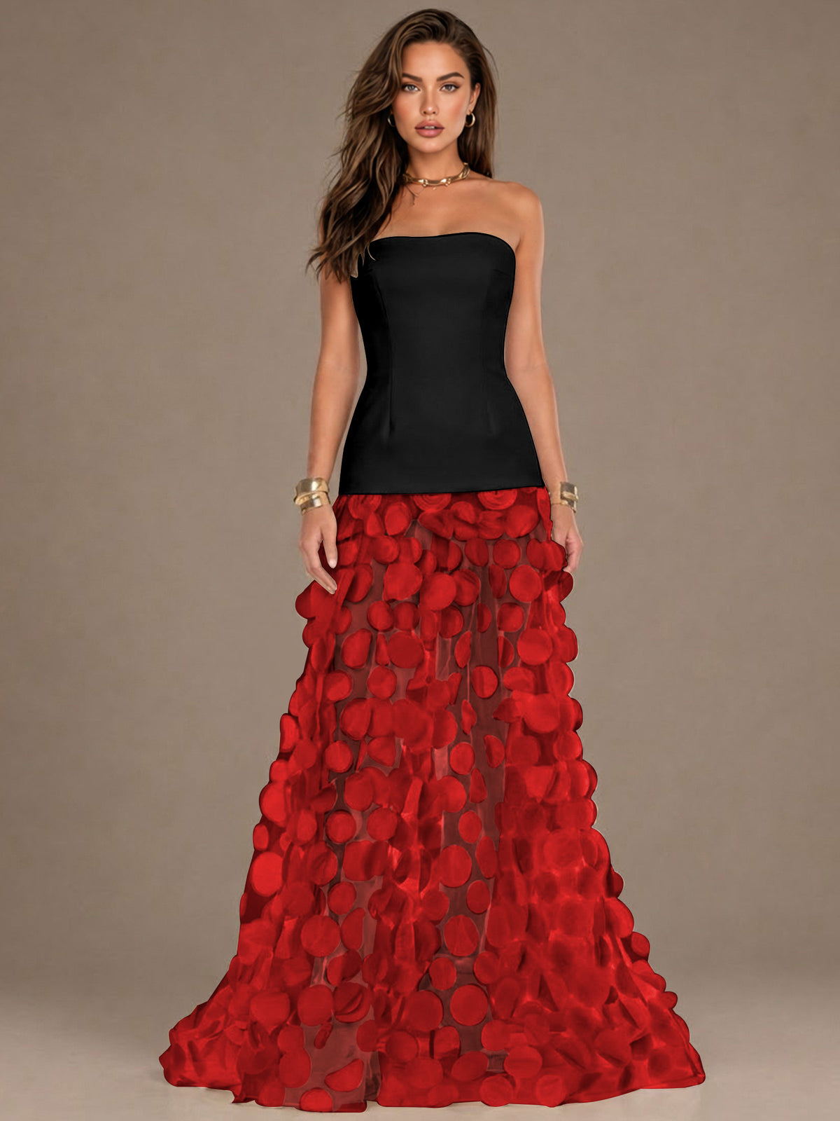 Strapless Contrast 3D Circle Applique Maxi Evening Gown