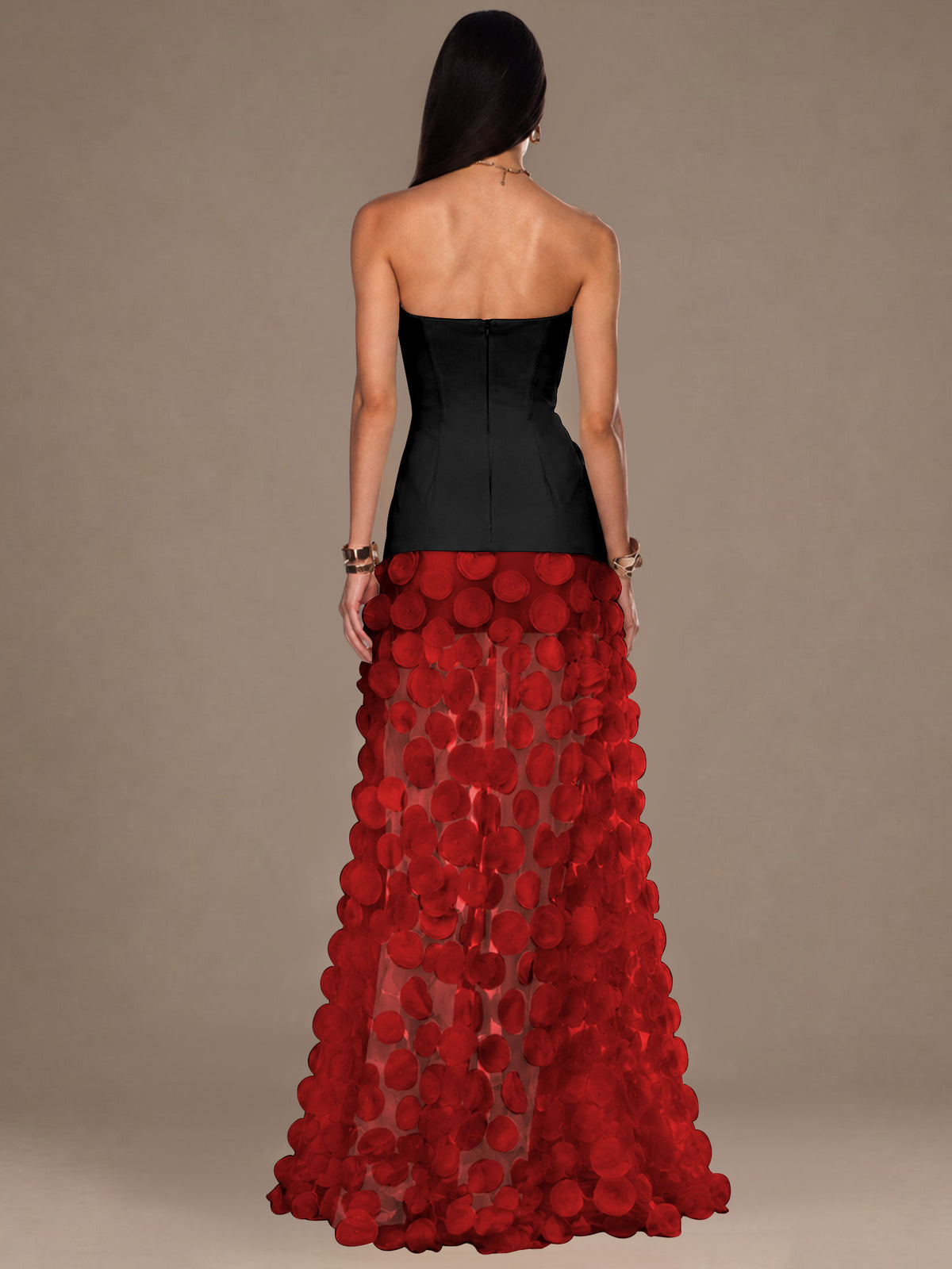 Strapless Contrast 3D Circle Applique Maxi Evening Gown