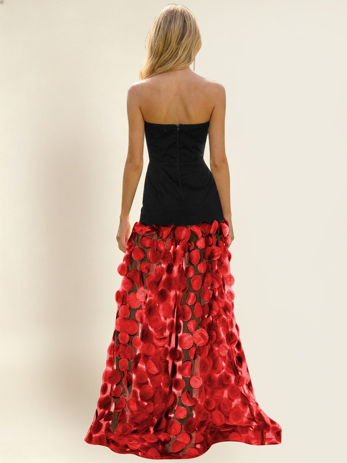 Strapless Contrast 3D Circle Applique Maxi Evening Gown