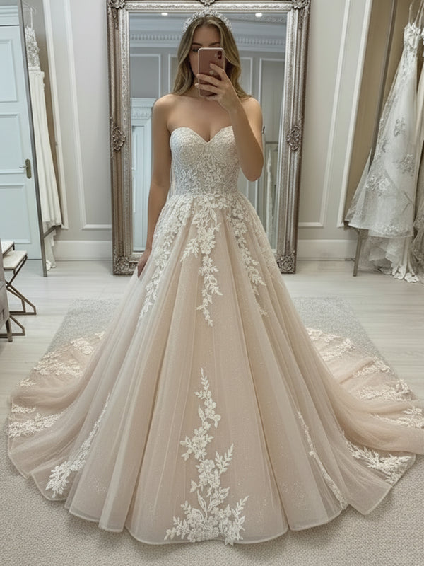 Strapless Sweetheart Lace Applique A-Line Wedding Dress with Cathedral Train
