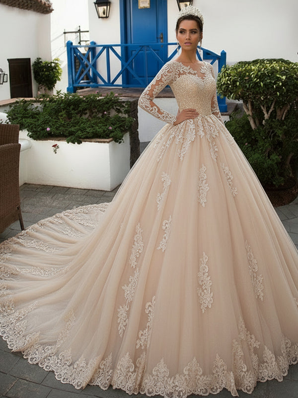 Long Sleeve Illusion Neck Lace A-Line Wedding Dress with Cathedral Train