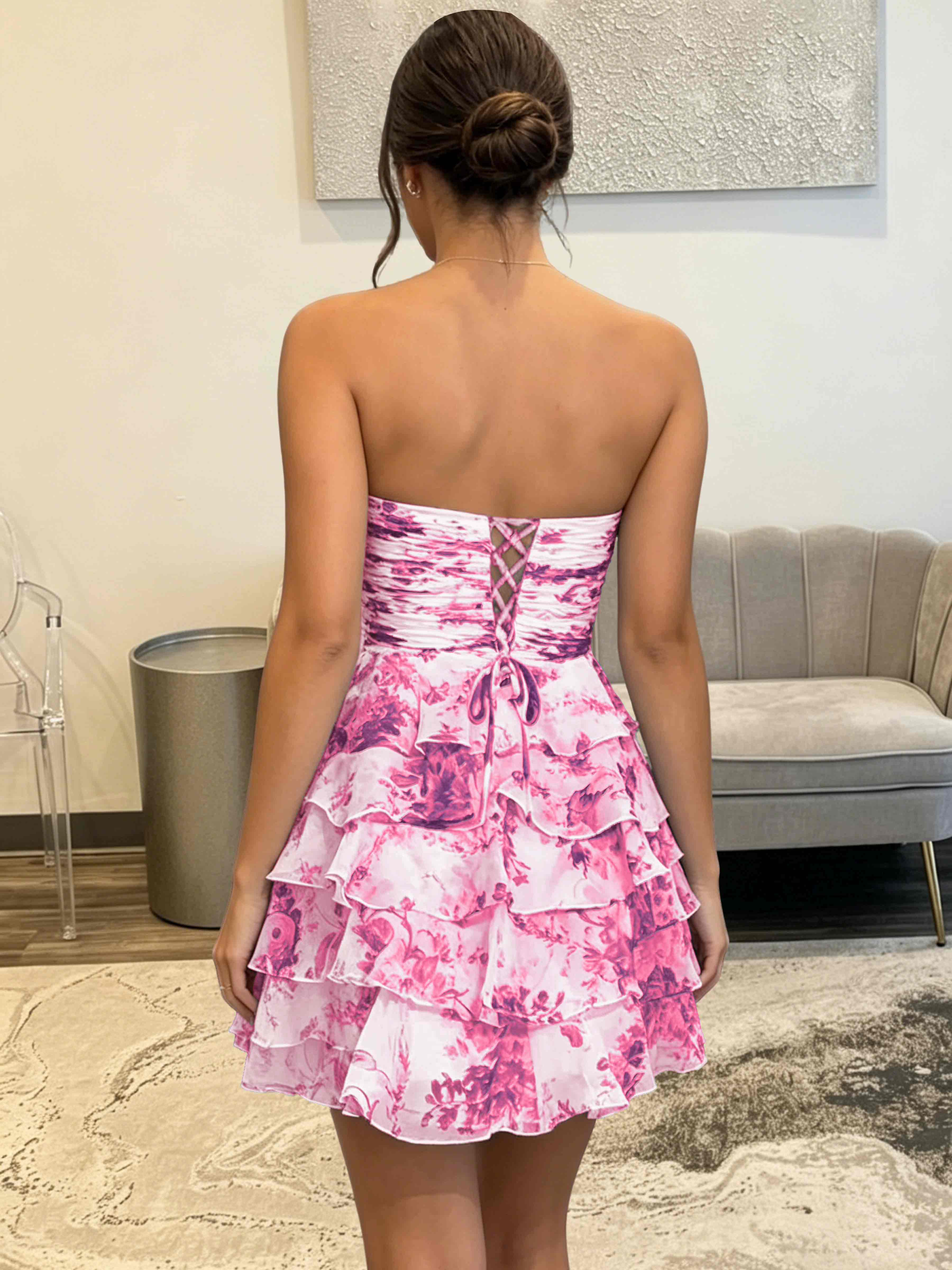 ROVDESY Strapless Tiered Ruffle Floral Print Chiffon Homecoming Mini Dress