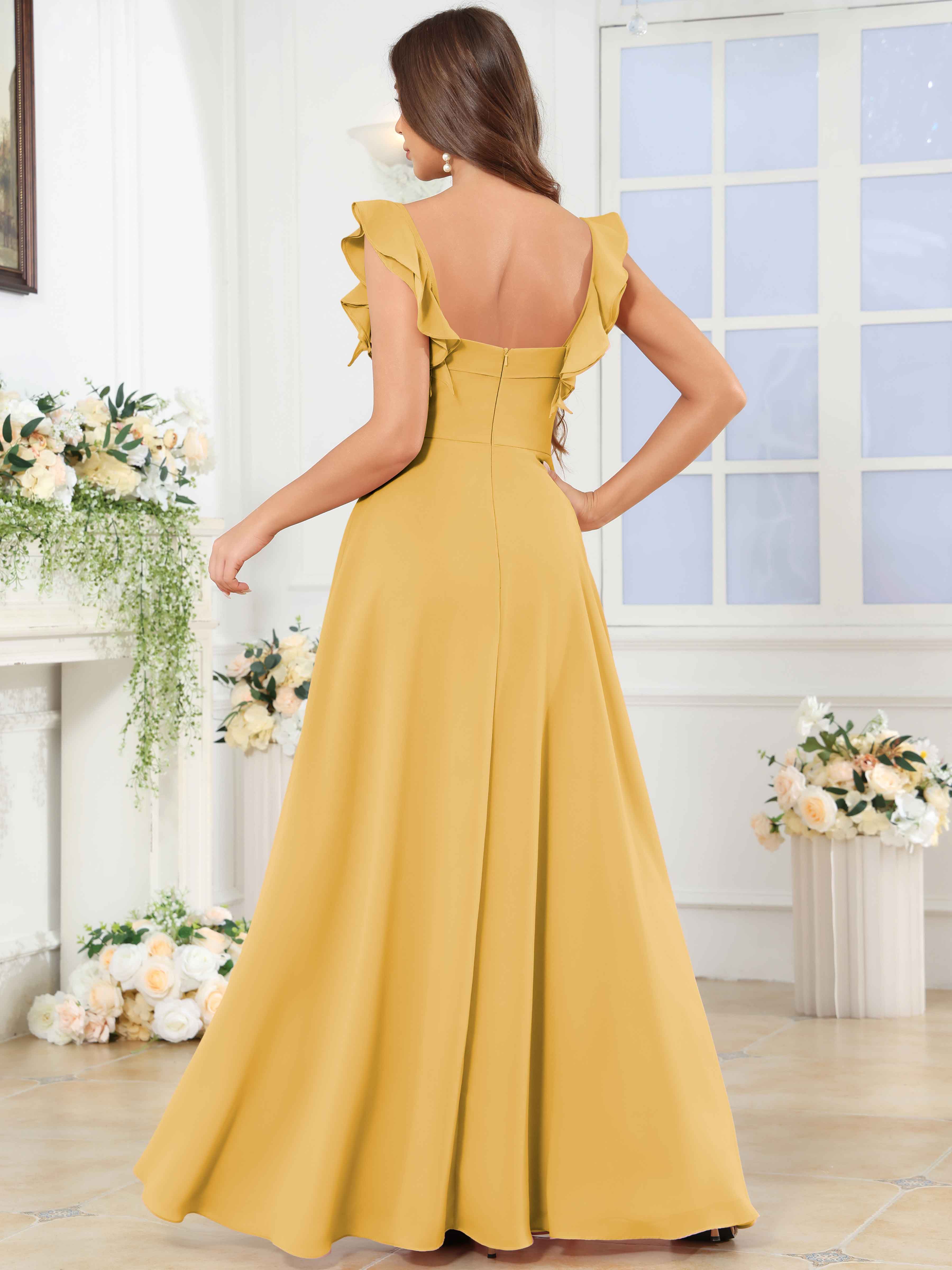 ROVDESY Square Neck Ruffle Chffion Bridesmaid Dress With Slit