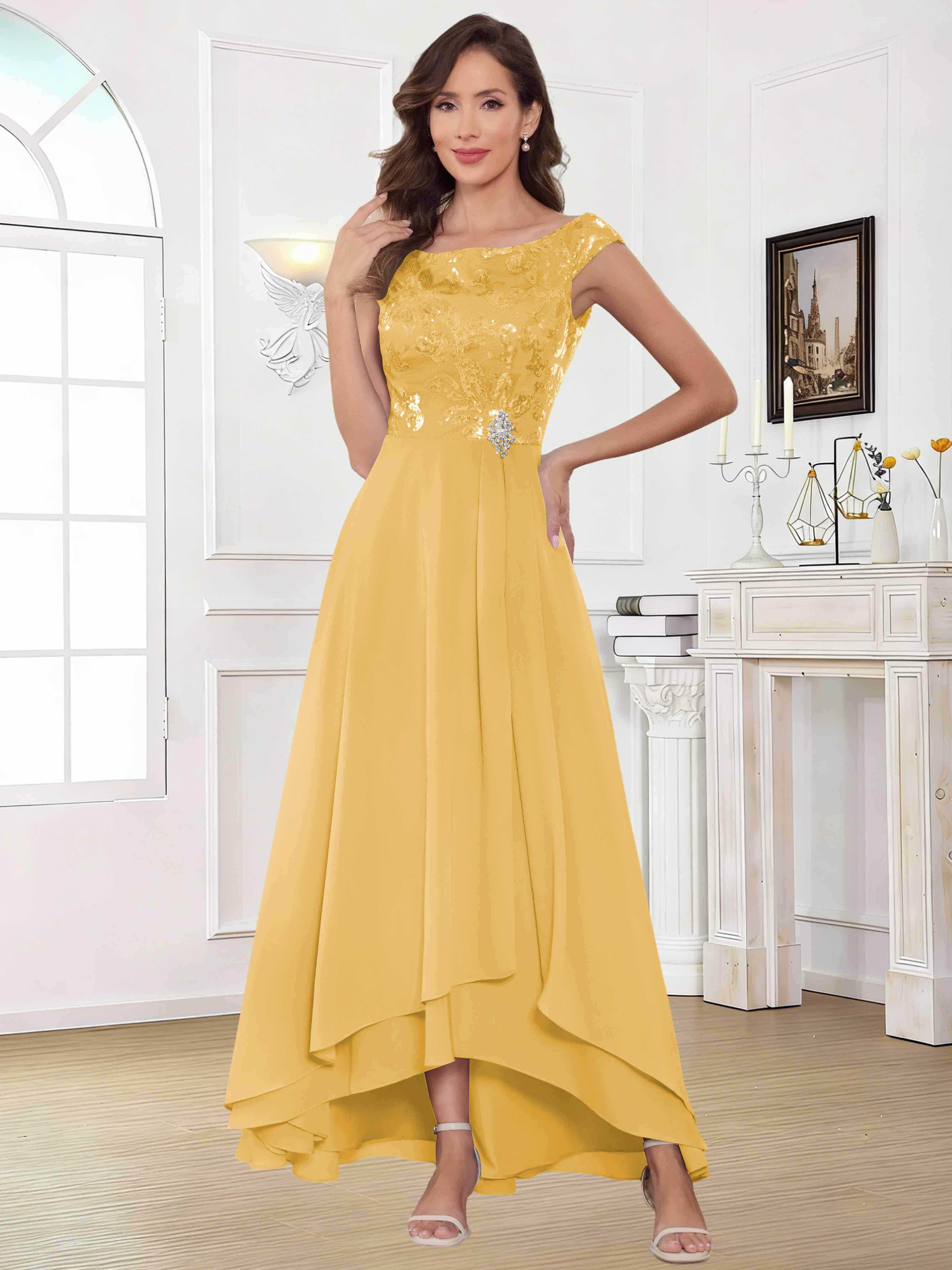 ROVDESY Tea Length Off-The-Shoulder Sequin Chiffon Mother Of The Bride Dress