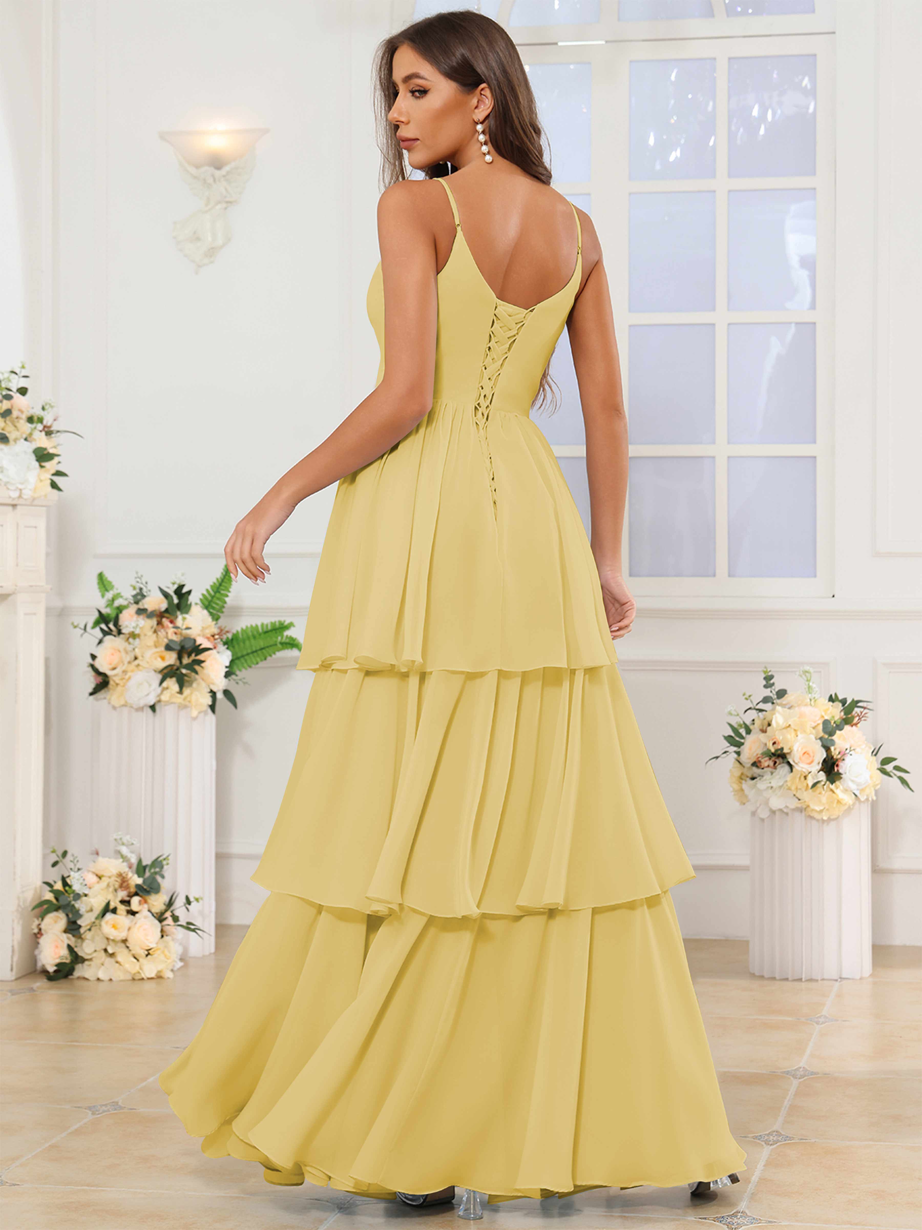 ROVDESY V-Neck Spaghetti Straps Tiered Chiffon Bridesmaid Dress With Ruffles