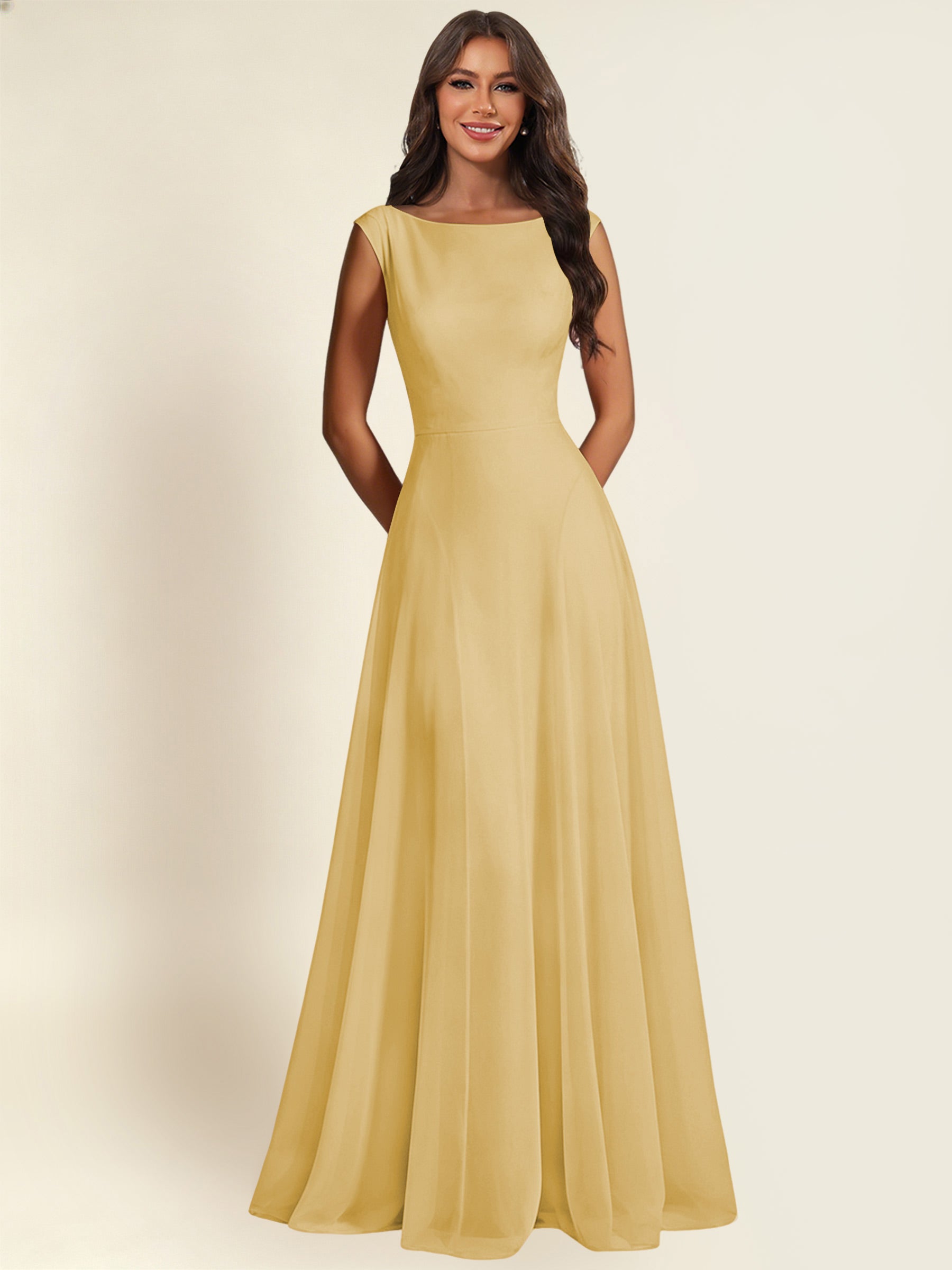 ROVDESY A-Line Chiffon Long Bridesmaid Dress With Sleeveless