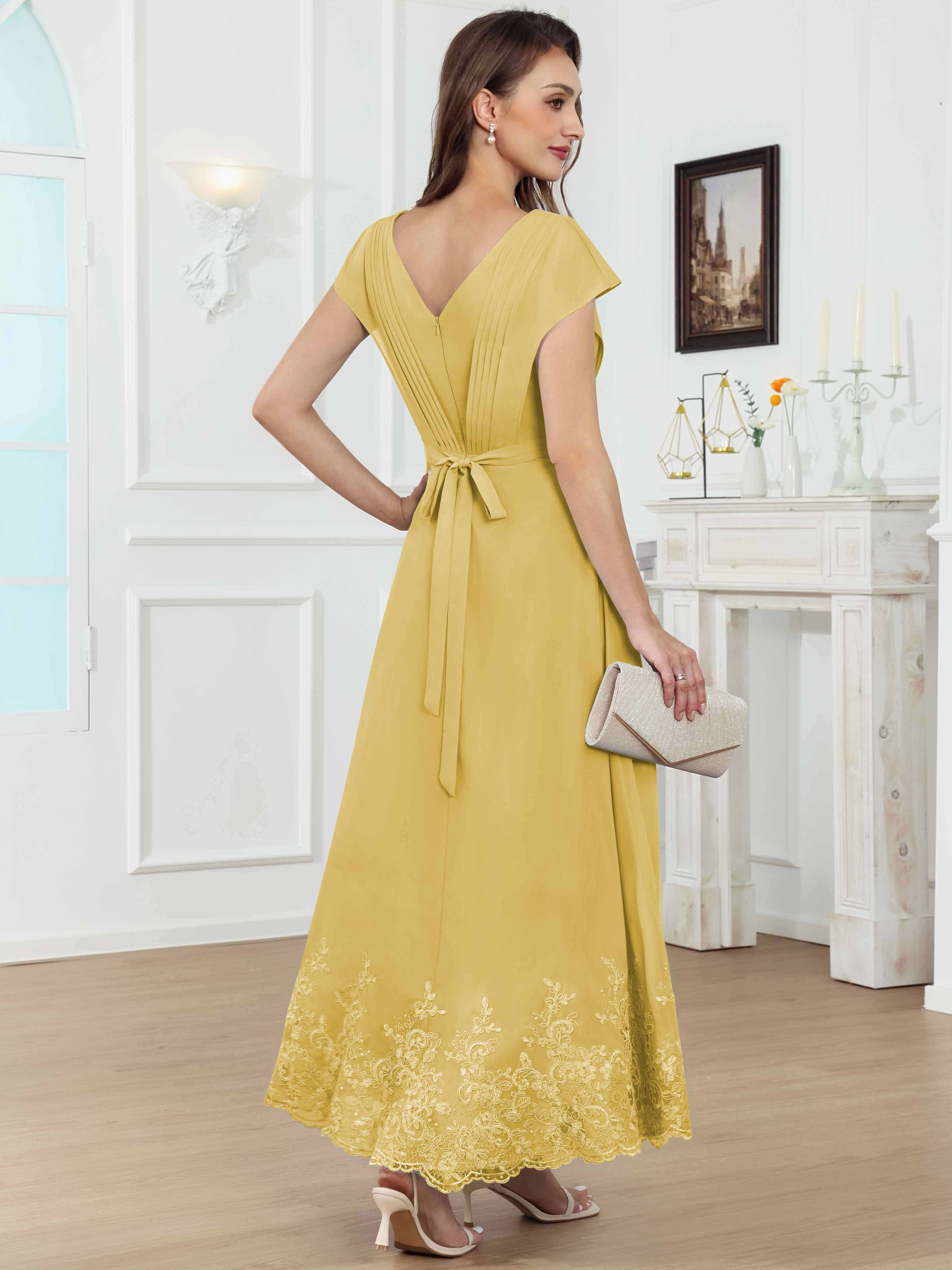 ROVDESY Tea Length High-Low V-Neck Ruched Lace Chiffon Mother of The Bride Dress for Women
