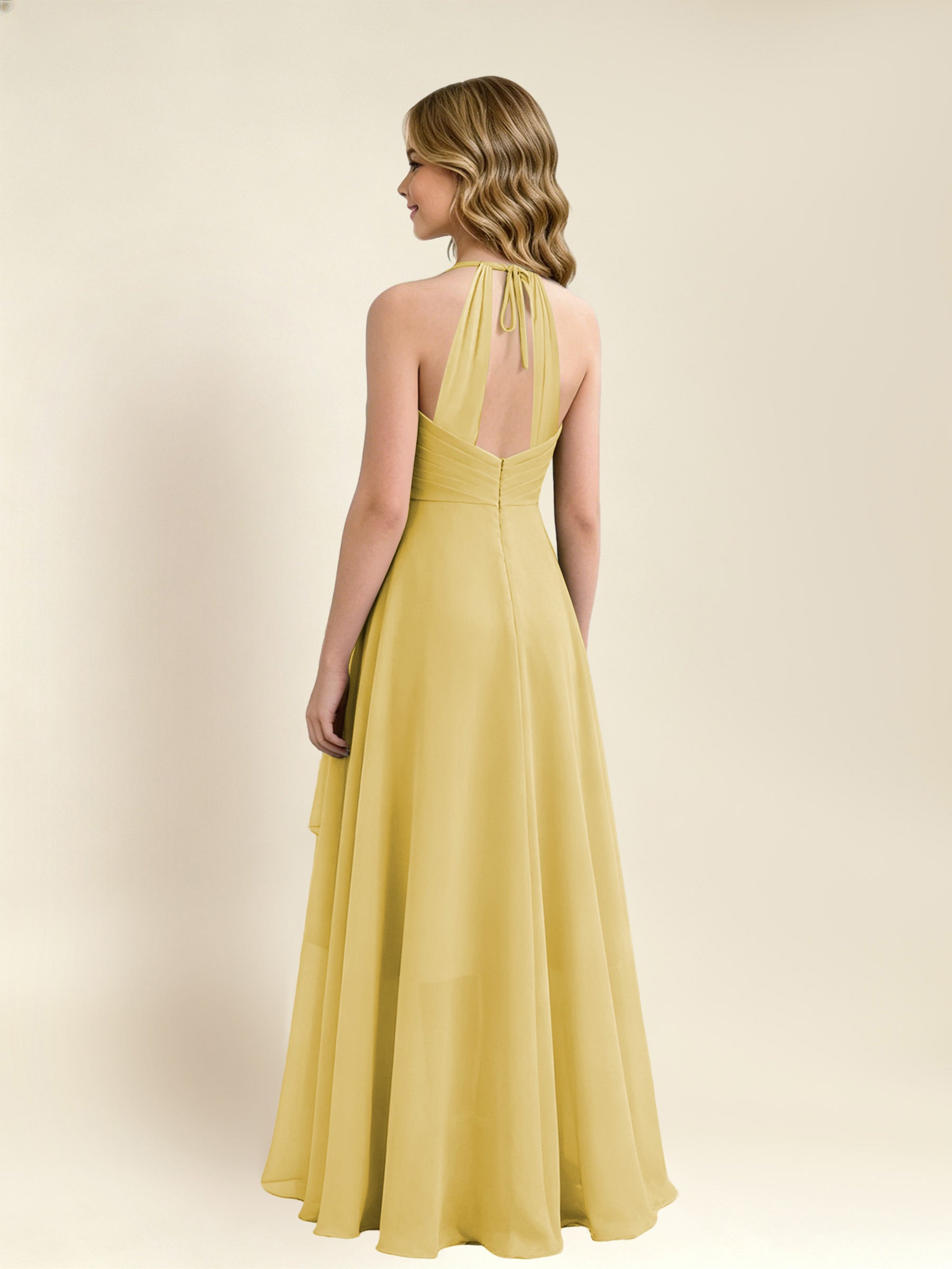 ROVDESY A-Line Halter Pleated Chiffon Junior Bridesmaid Dress