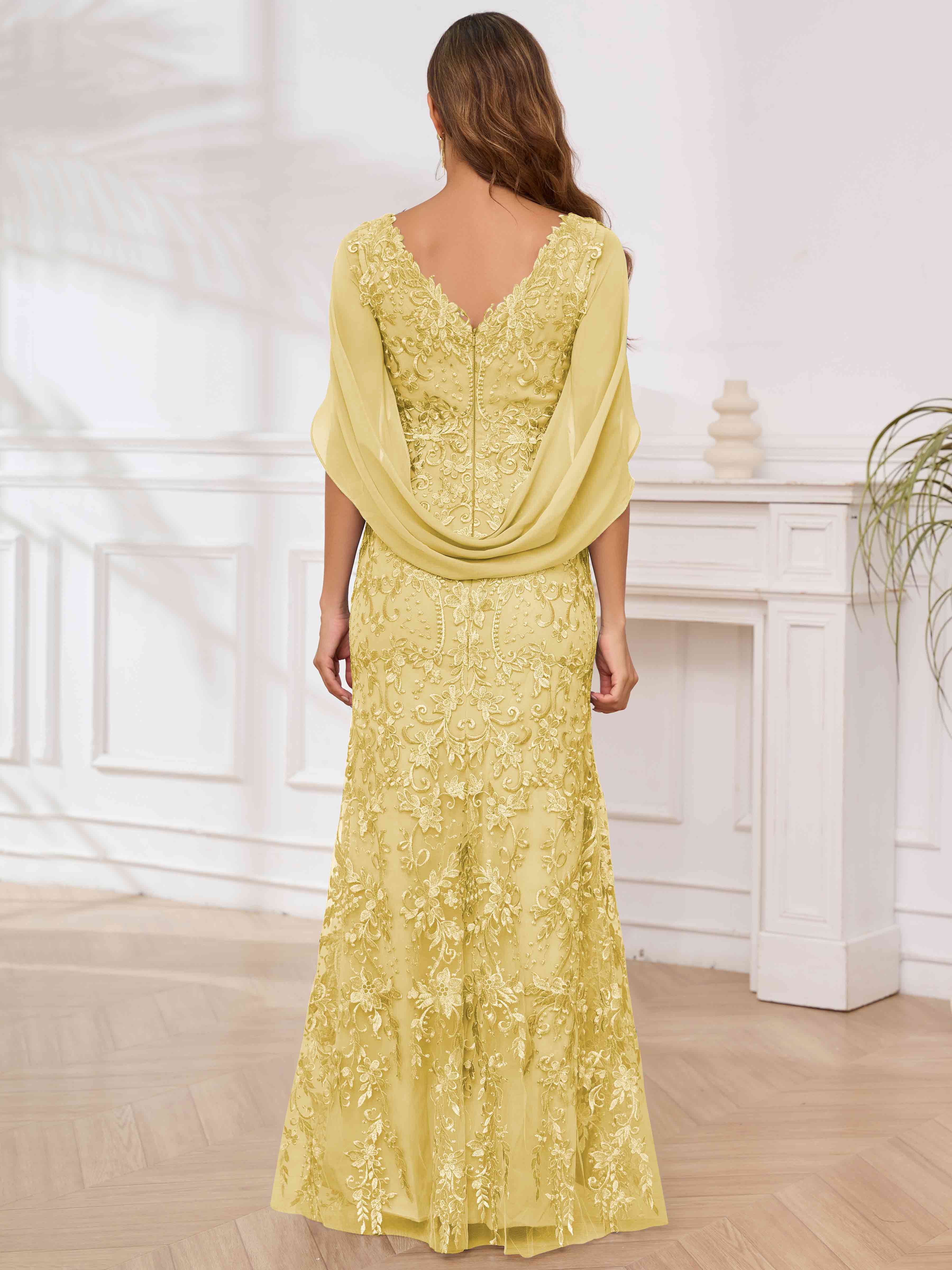 ROVDESY V-Neck Lace Mermaid Mother Of The Bride Dress With Cape Sleeves Long Formal Gown