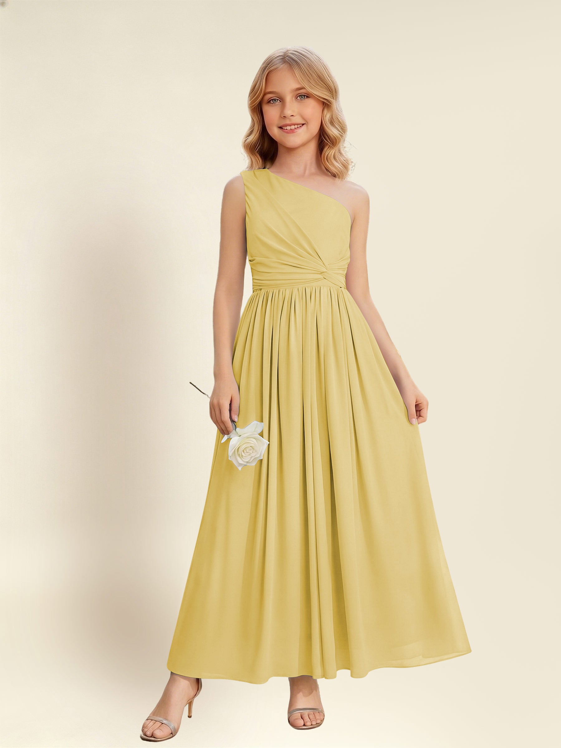 ROVDESY One Shoulder Twist Waist Chiffon Junior Bridesmaid Maxi Dress