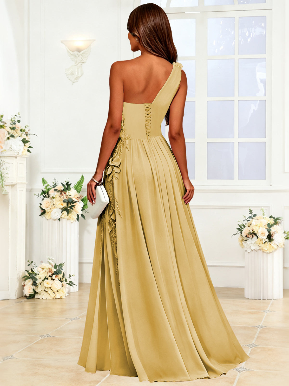 One Shoulder 3D Flower Chiffon Bridesmaid Dress with Slit