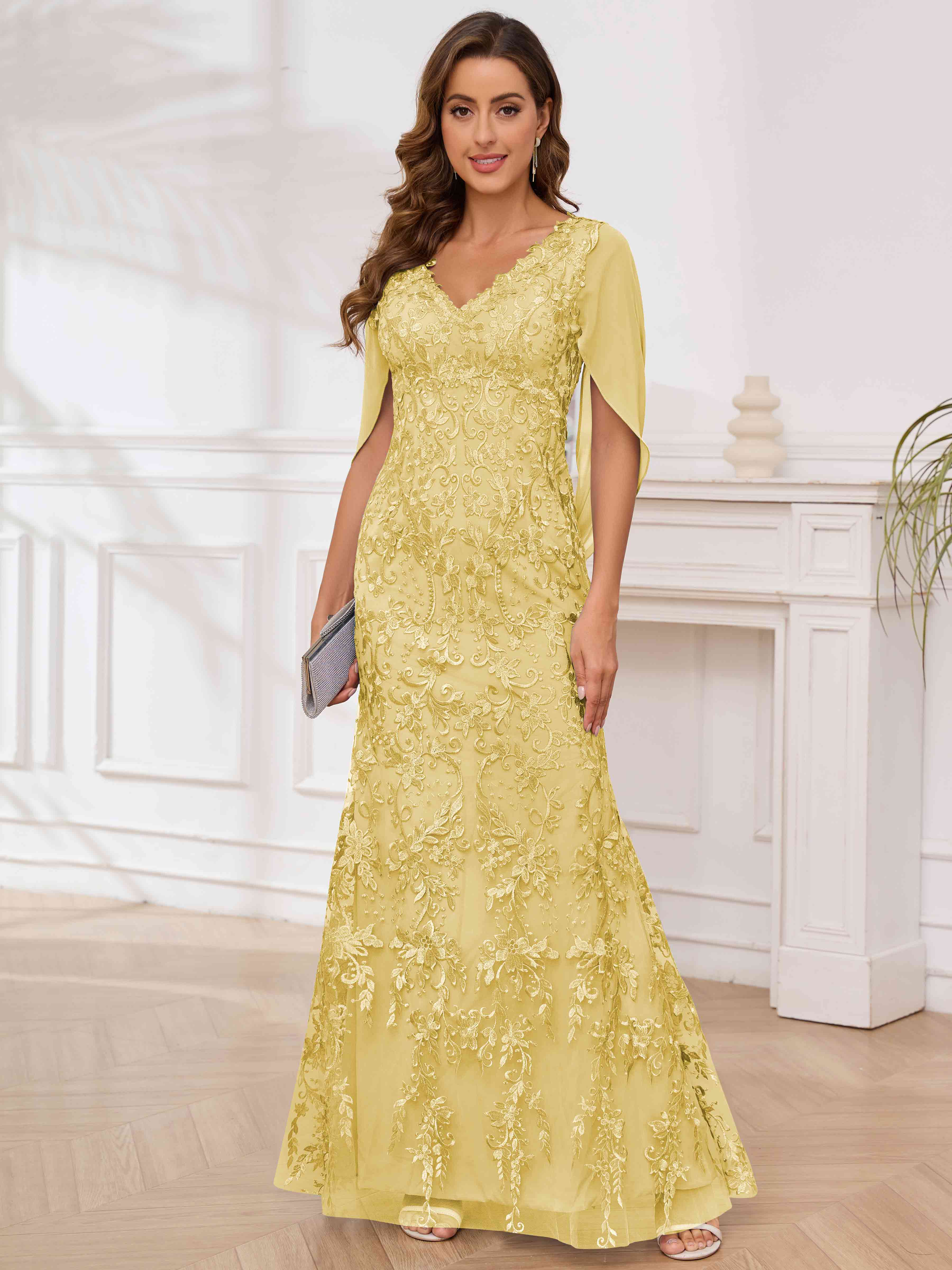 ROVDESY V-Neck Lace Mermaid Mother Of The Bride Dress With Cape Sleeves Long Formal Gown