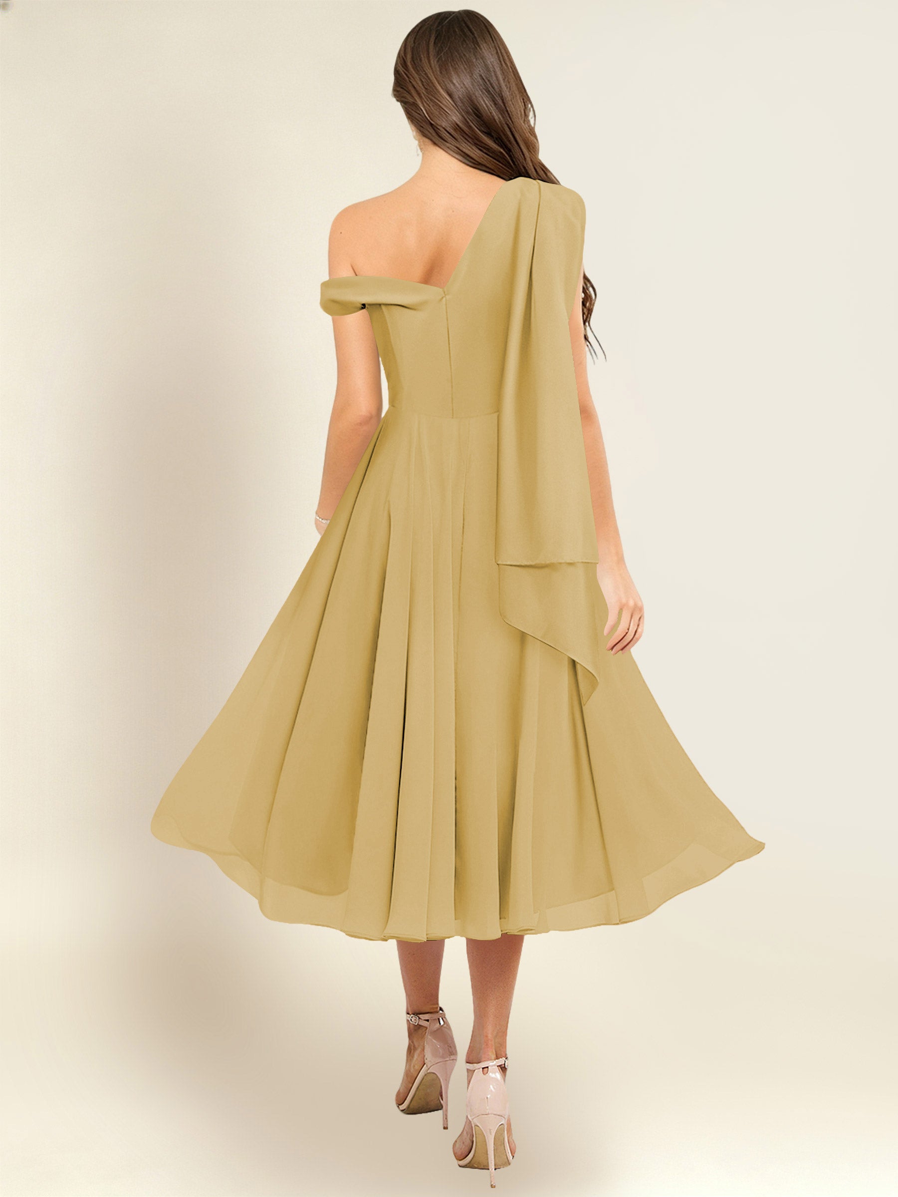 ROVDESY A-Line One Shoulder Pleated Chiffon Bridesmaid Dress With Flowing Sash