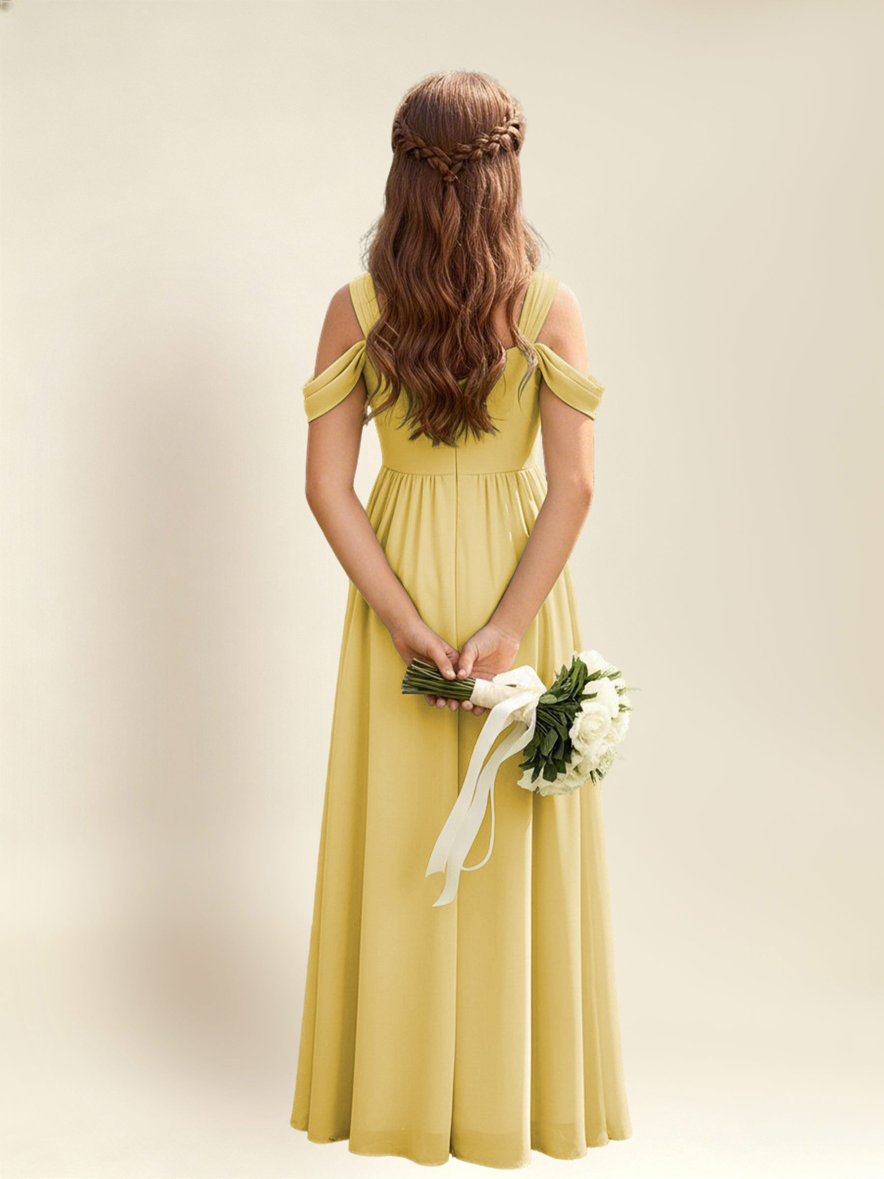ROVDESY A-Line Off The Shoulder Pleated Chiffon Junior Bridesmaid Dress