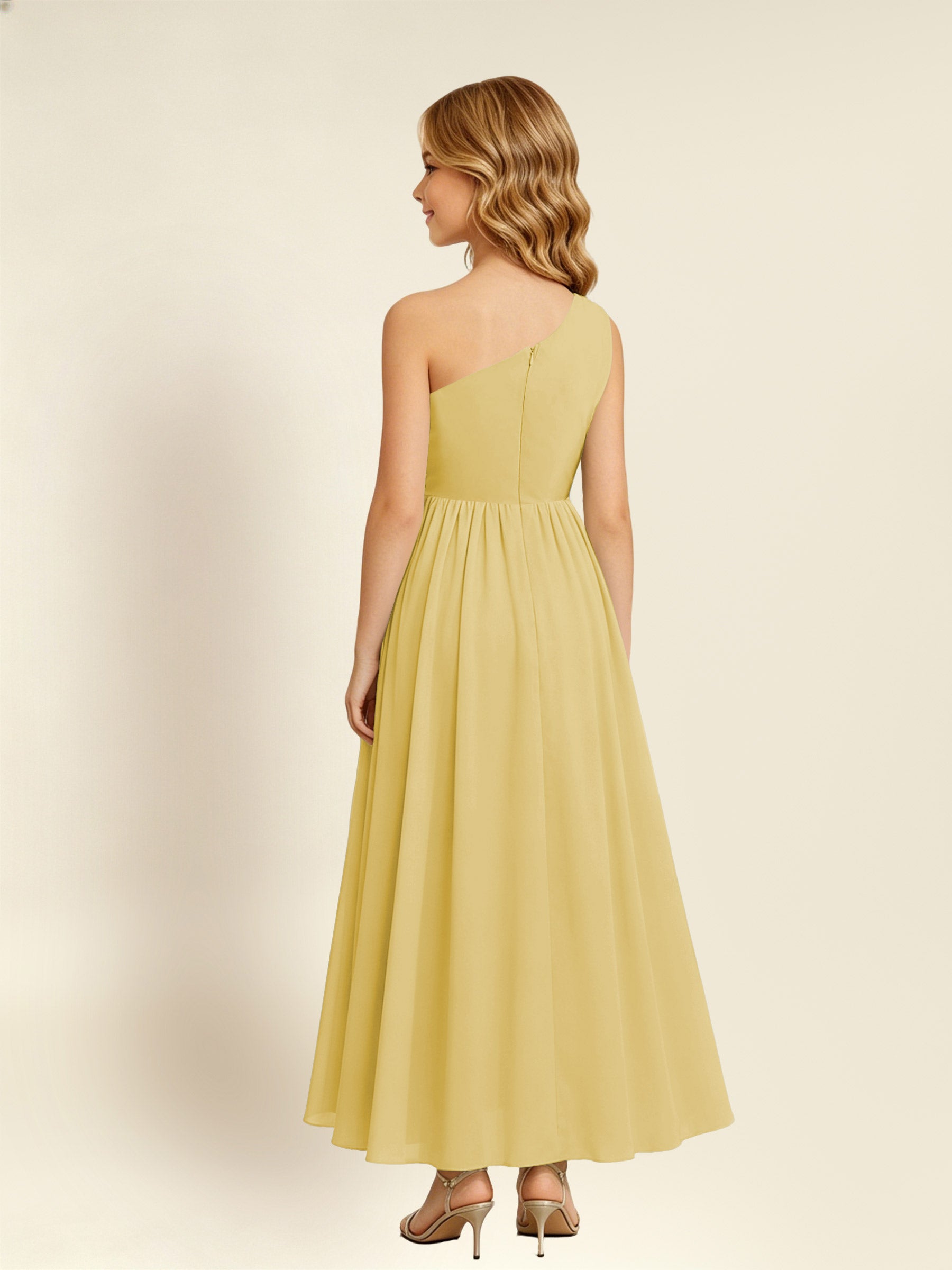 ROVDESY One Shoulder Twist Waist Chiffon Junior Bridesmaid Maxi Dress