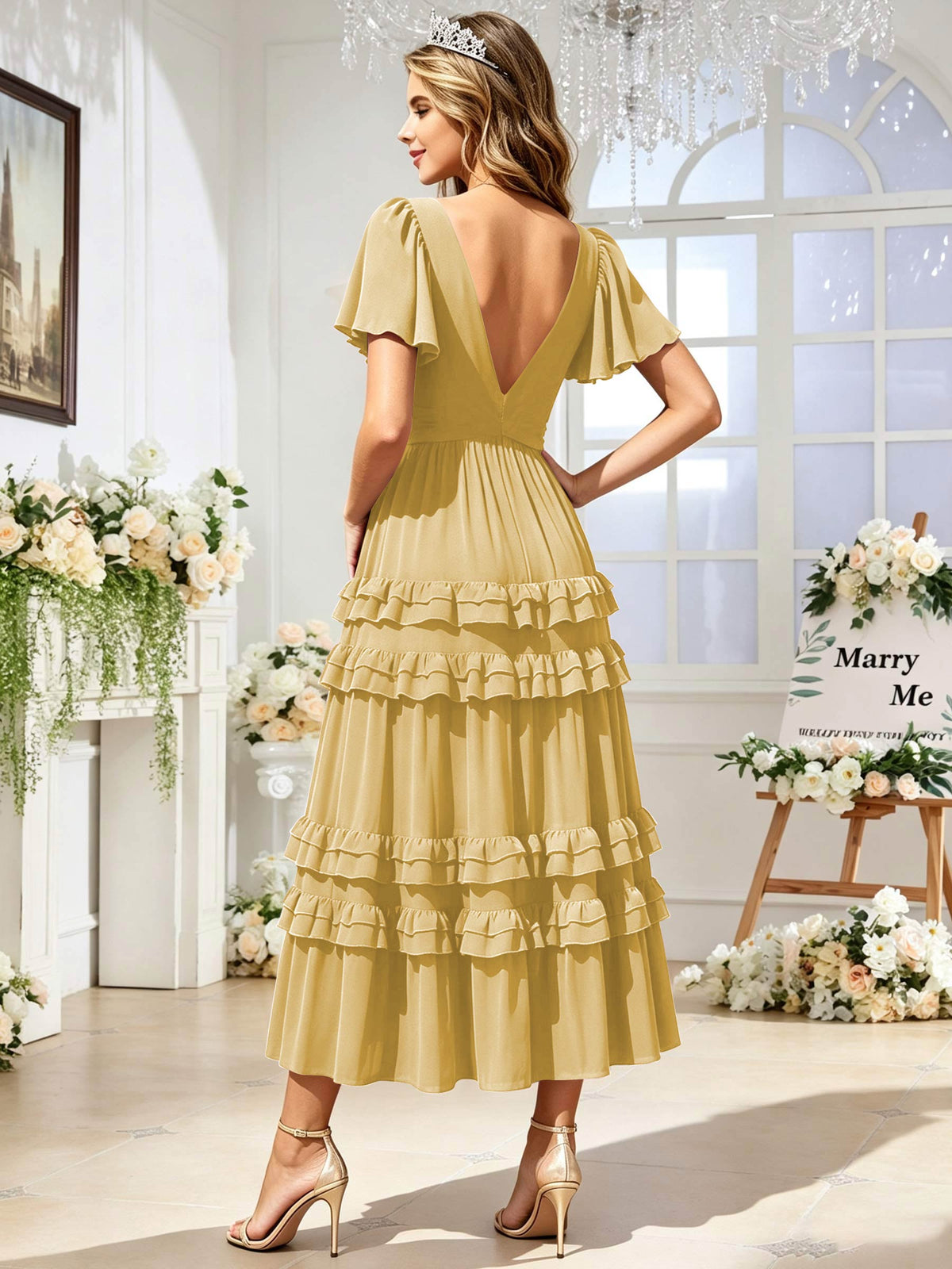 A Line Chiffon Pleated Bridesmaid Dress with Sleeves