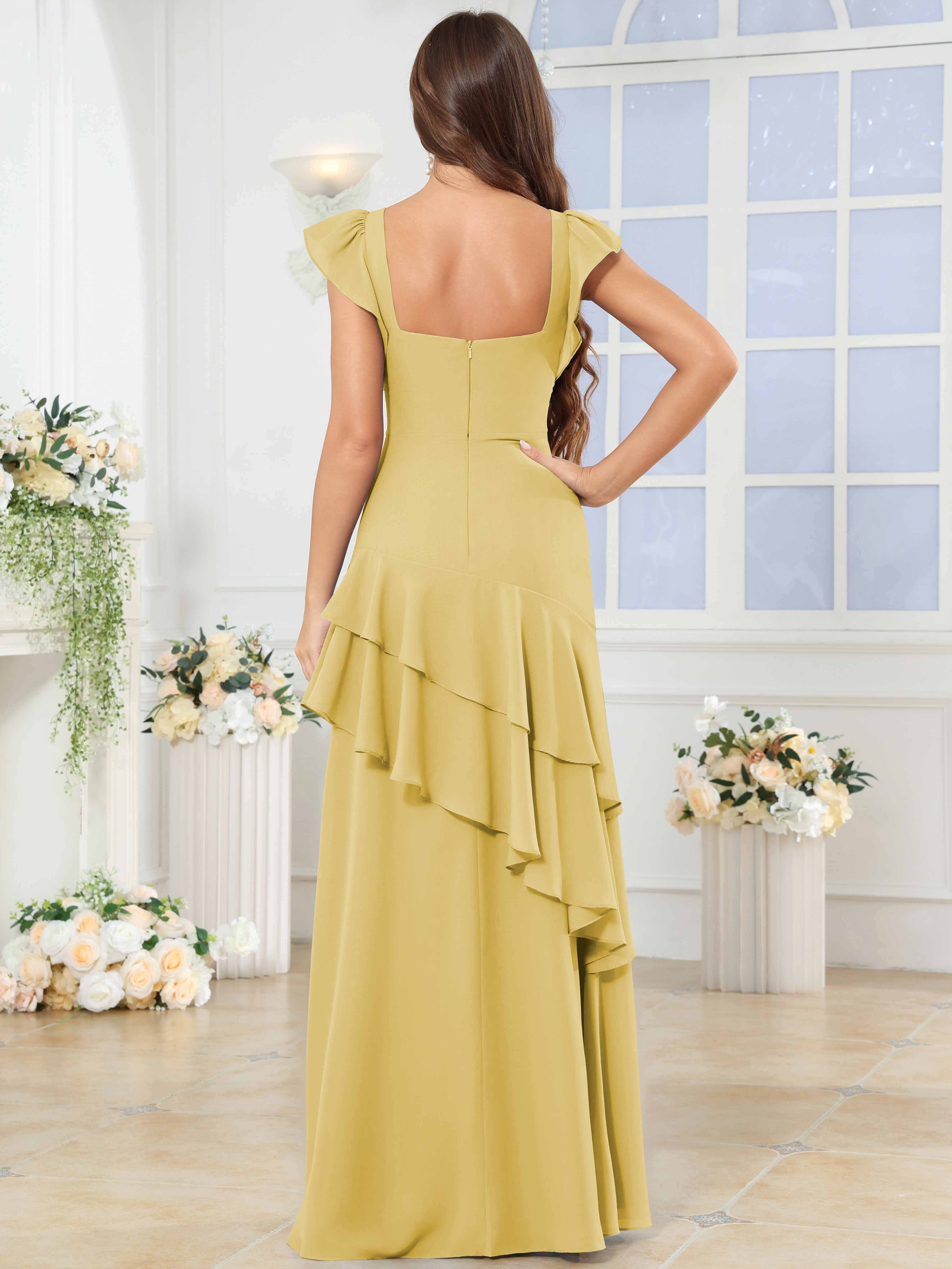ROVDESY Sweetheart Tiered Ruffle Chiffon Bridesmaid Dress With Short Sleeves