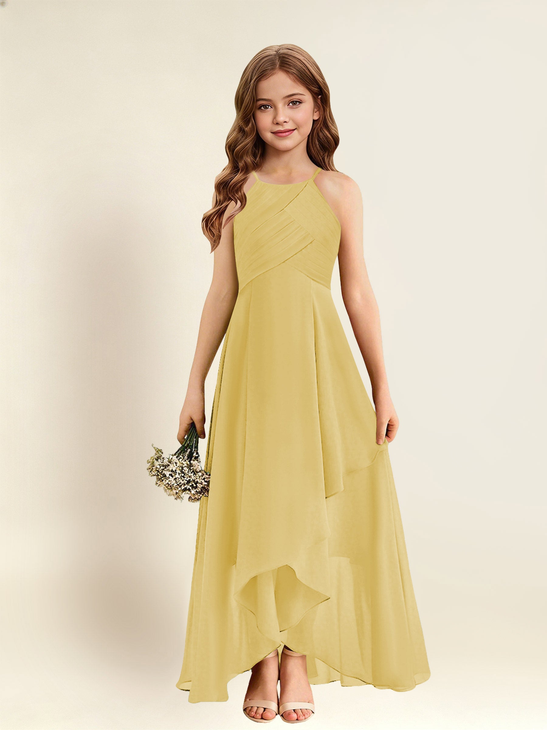 ROVDESY A-Line Halter Pleated Chiffon Junior Bridesmaid Dress