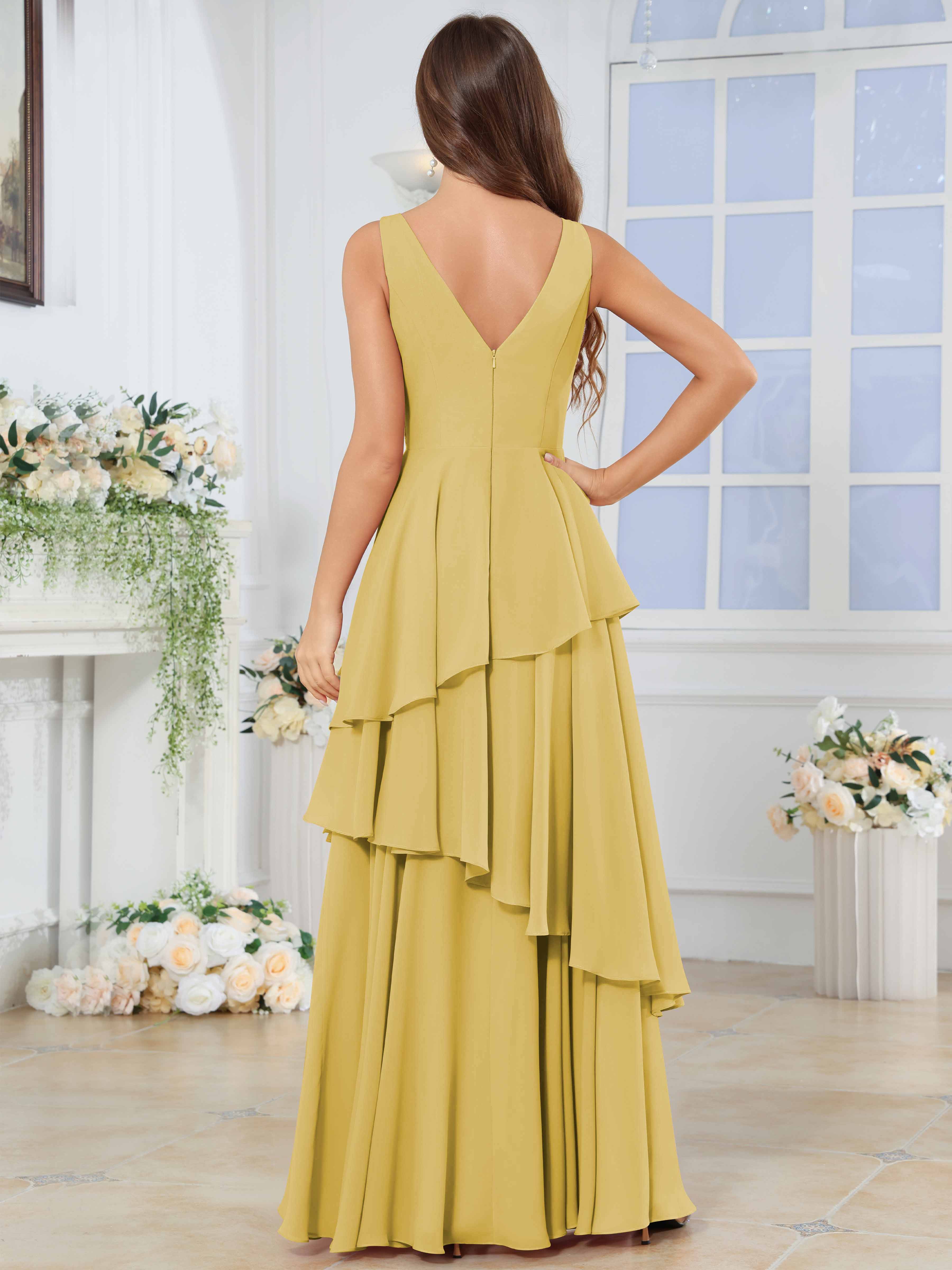 ROVDESY Long Sleeveless V-Neck Tiered Pleated Chiffon Bridesmaid Dress