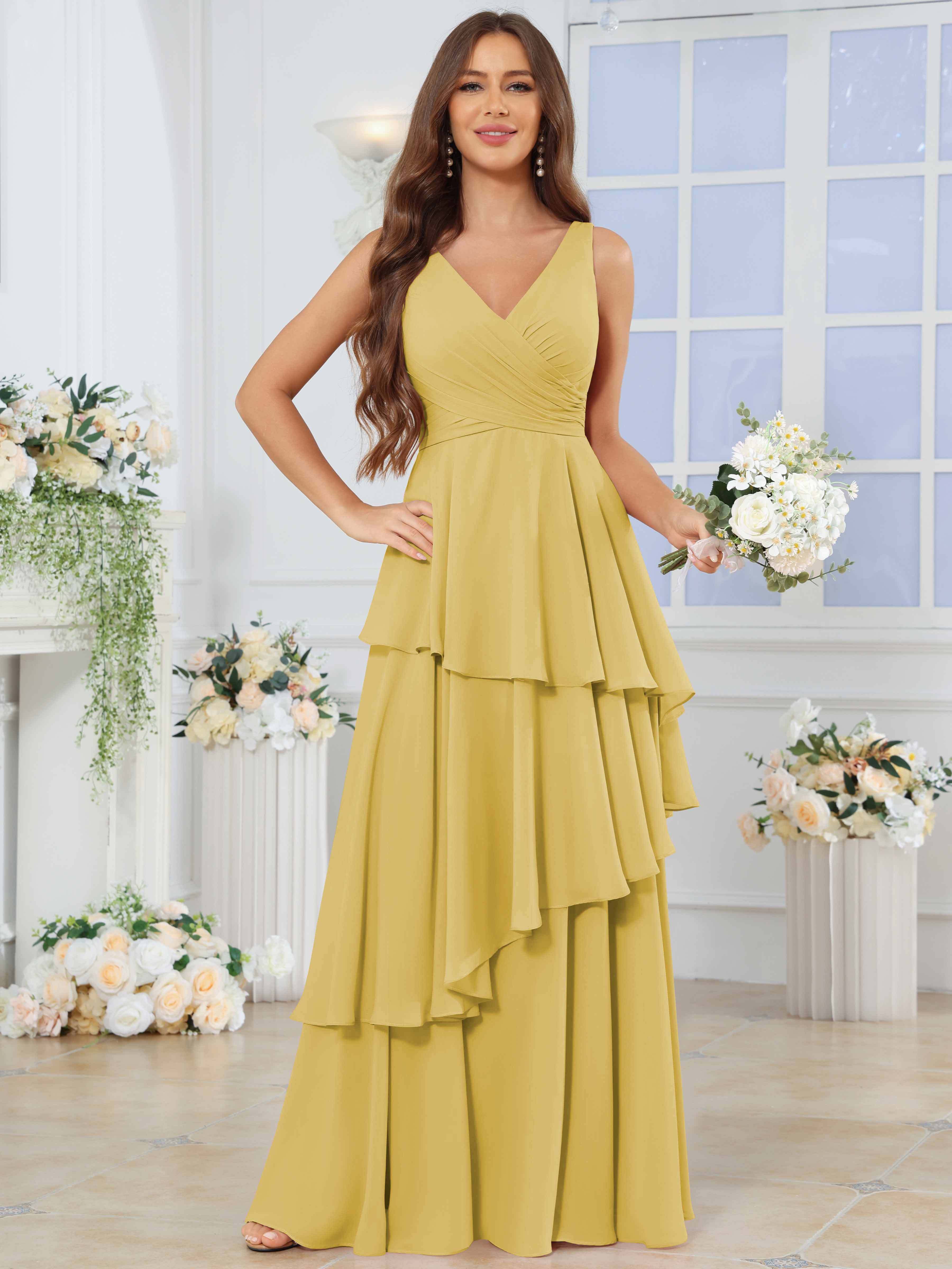 ROVDESY Long Sleeveless V-Neck Tiered Pleated Chiffon Bridesmaid Dress