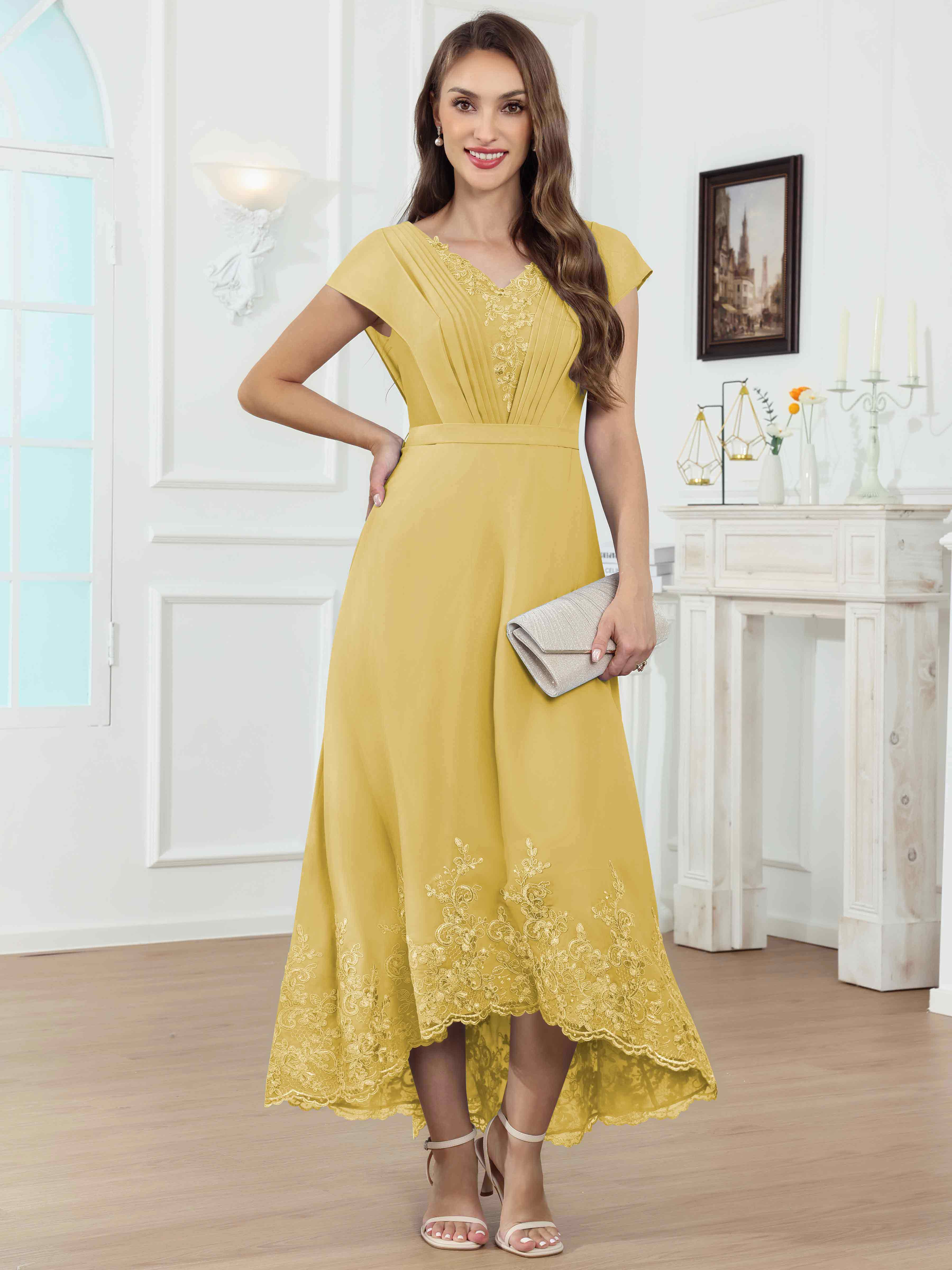 ROVDESY Tea Length High-Low V-Neck Ruched Lace Chiffon Mother of The Bride Dress for Women