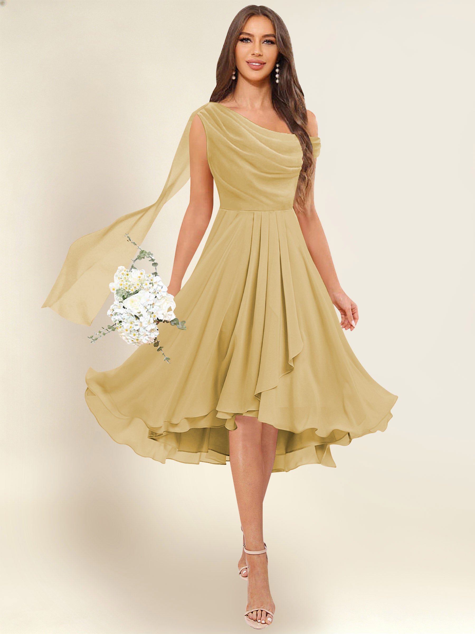 ROVDESY A-Line One Shoulder Pleated Chiffon Bridesmaid Dress With Flowing Sash