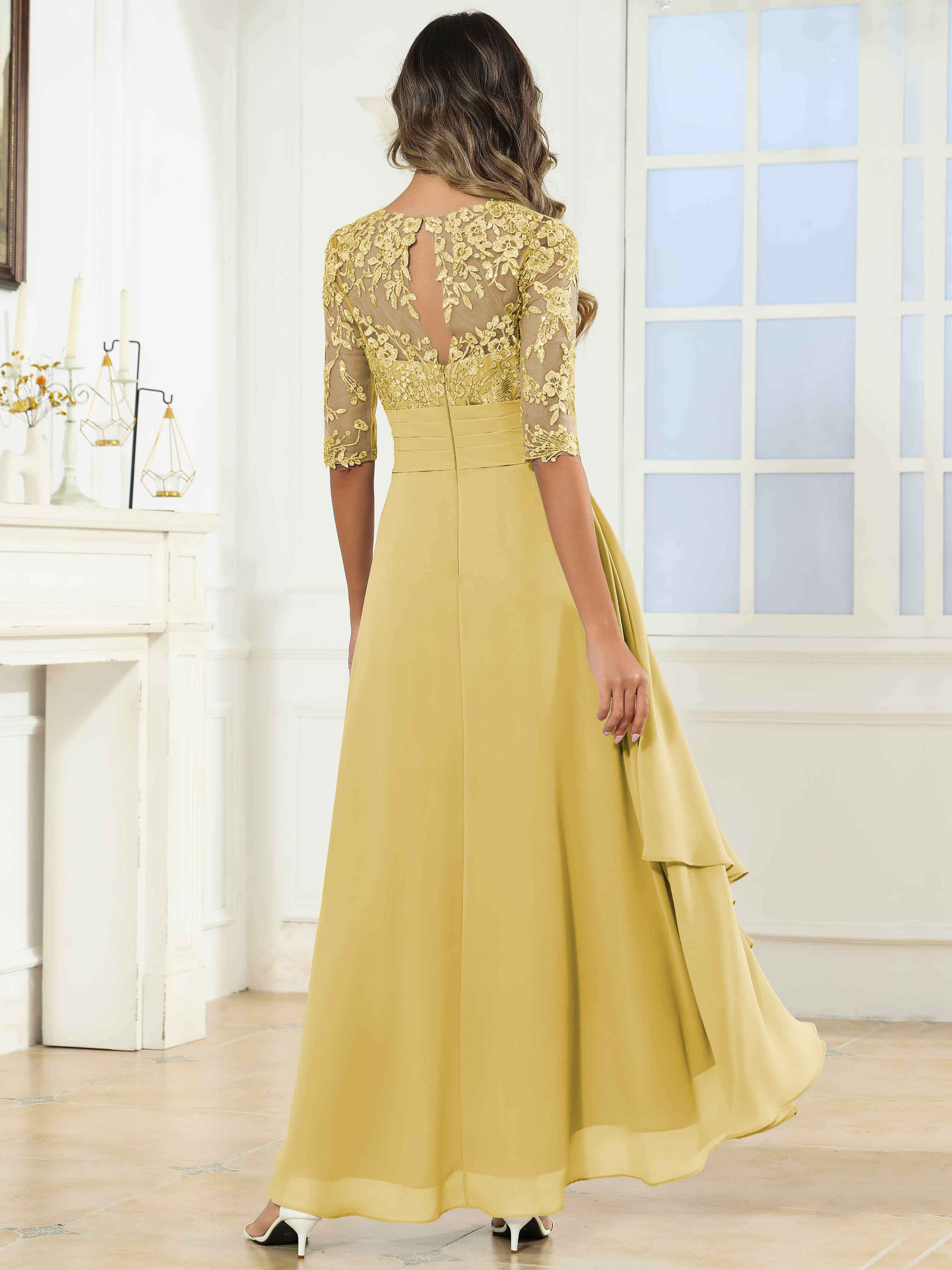 ROVDESY Tea Length A-Line Lace Chiffon Mother Of The Bride Dress With Half Sleeves