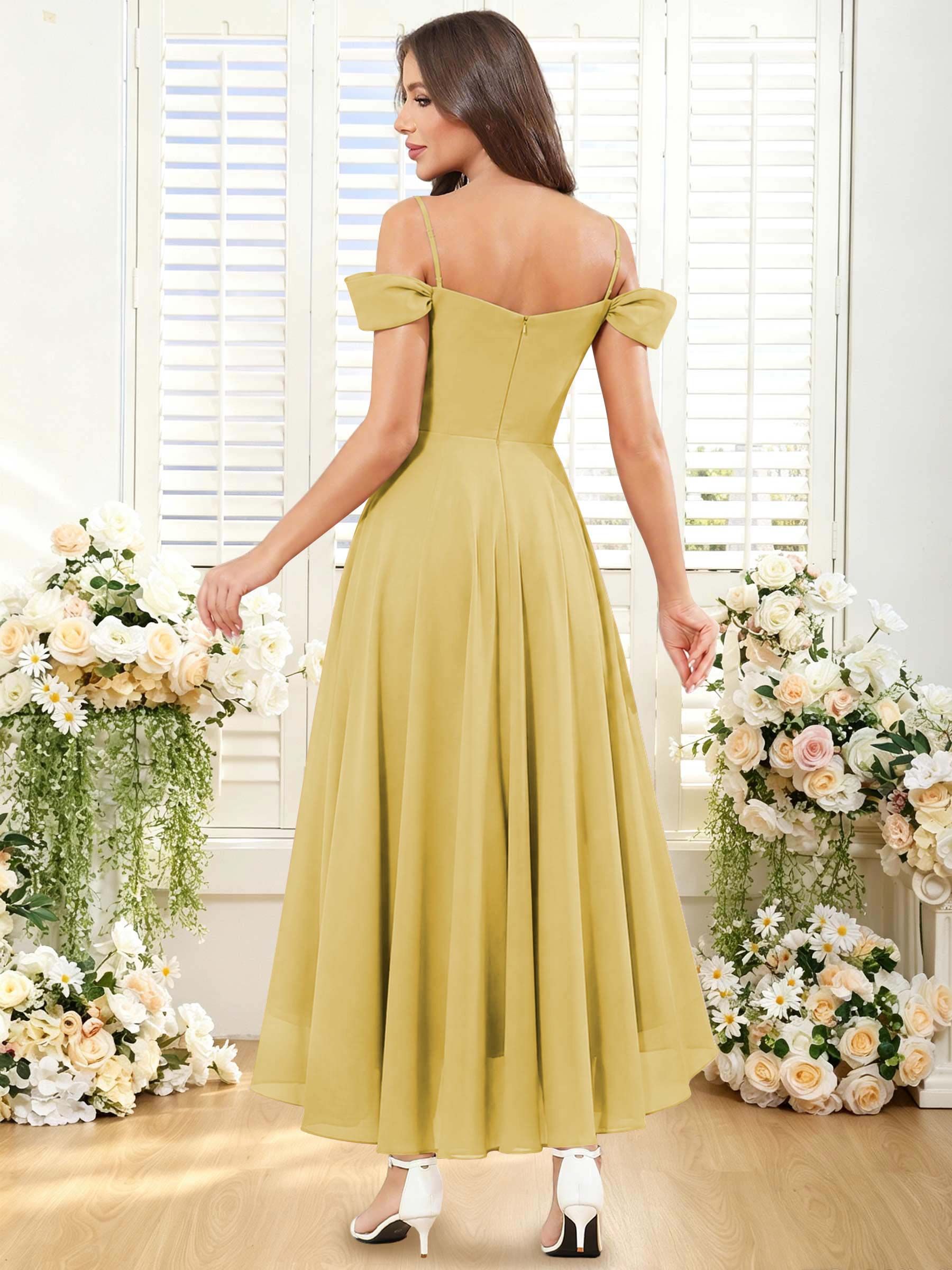 ROVDESY ROVDESY Short Cold Shoulder Sweetheart High Low Pleated Chiffon Bridesmaid Dress