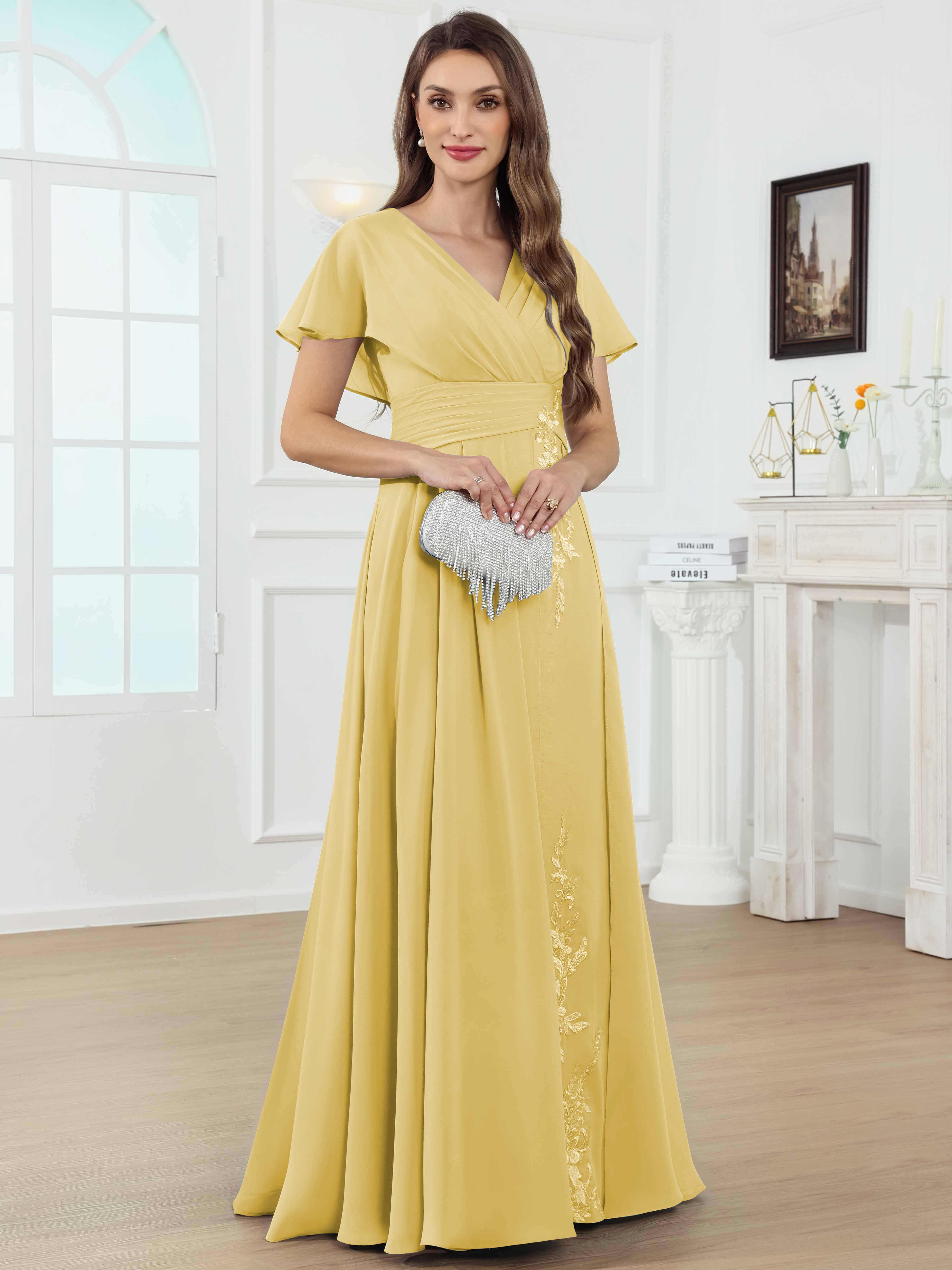 ROVDESY A-Line V-Neck Pleated Lace Chiffon Mother Of The Bride Dress With Short Sleeves