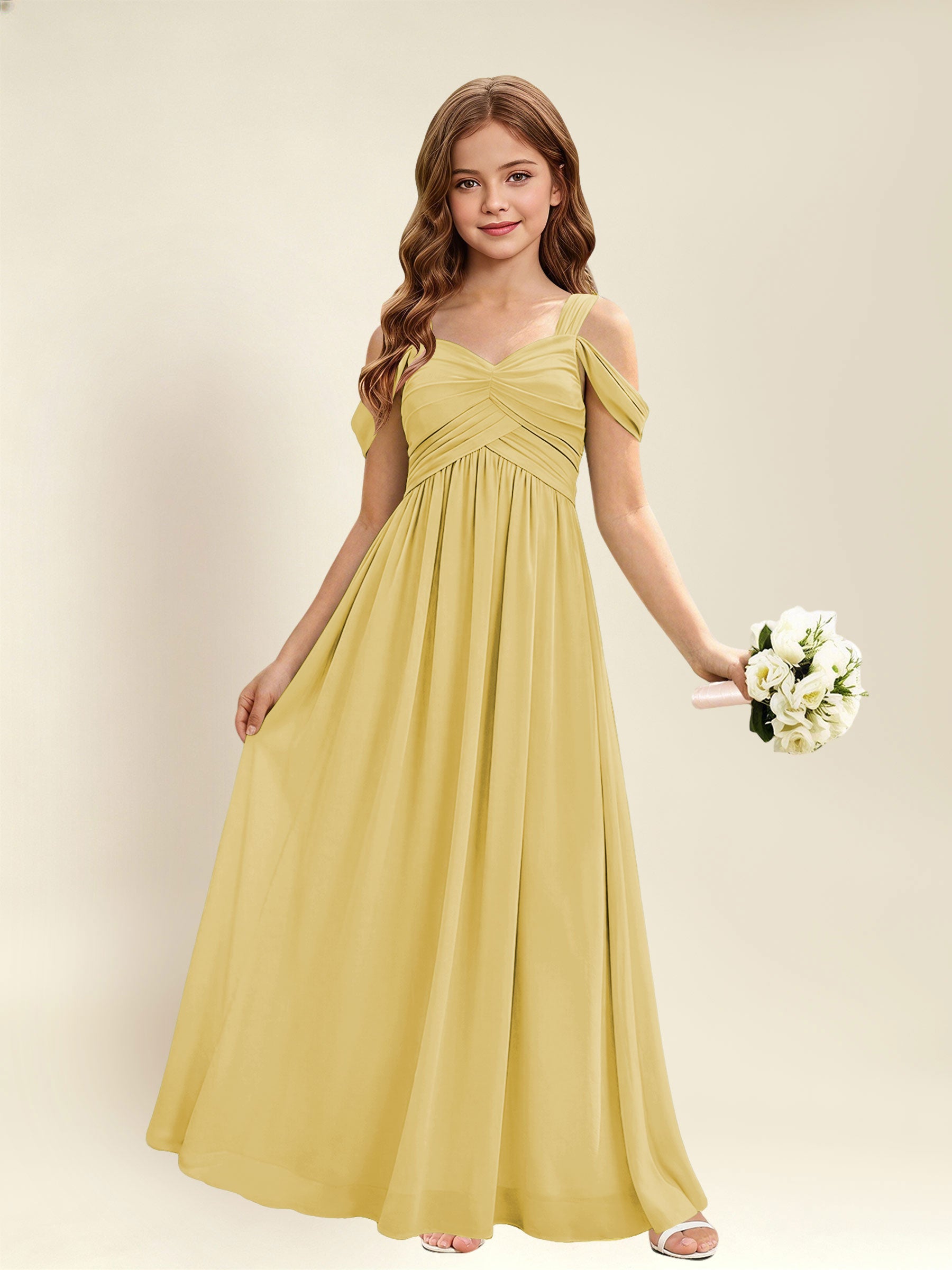 ROVDESY A-Line Off The Shoulder Pleated Chiffon Junior Bridesmaid Dress