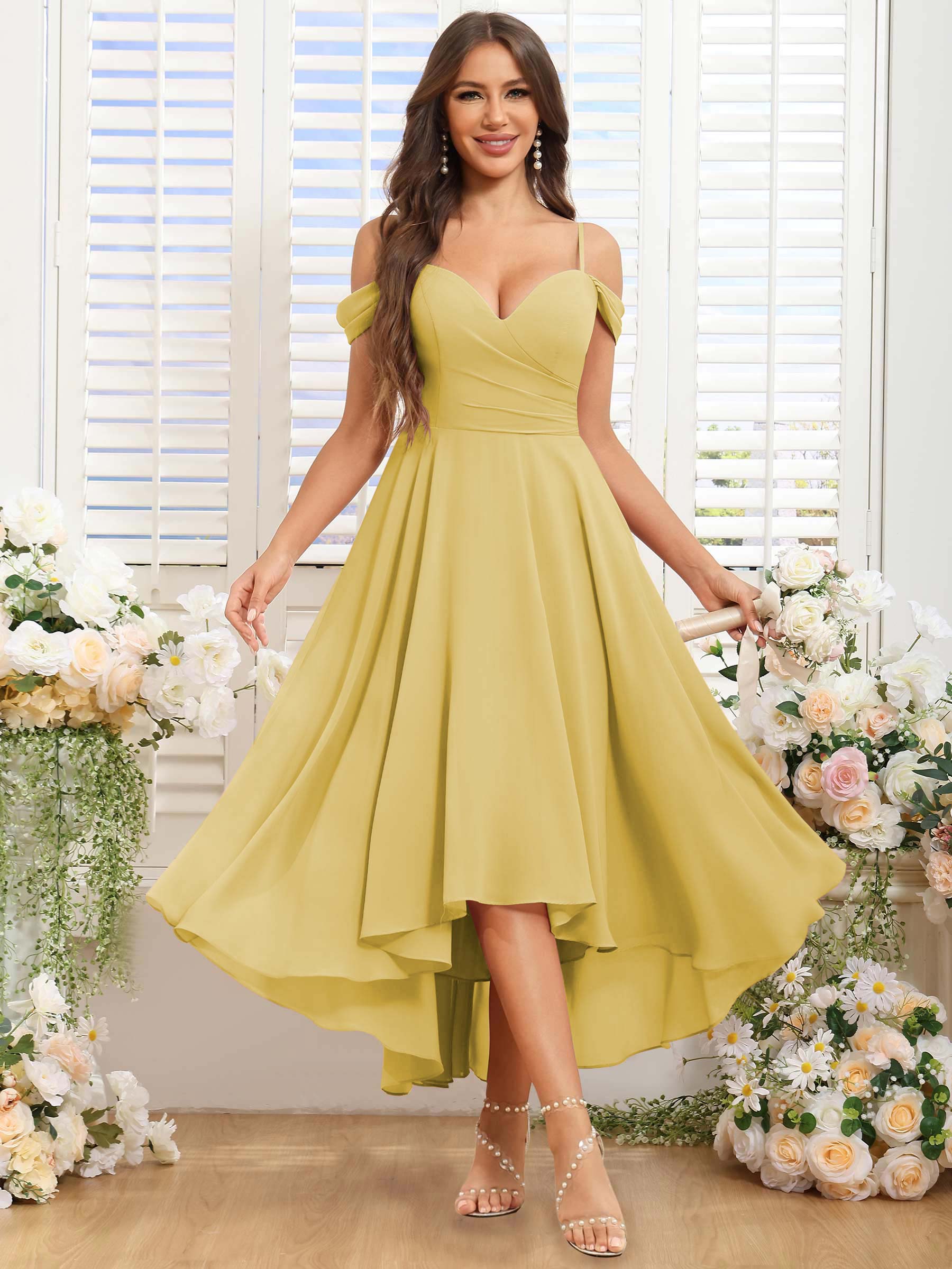 ROVDESY ROVDESY Short Cold Shoulder Sweetheart High Low Pleated Chiffon Bridesmaid Dress