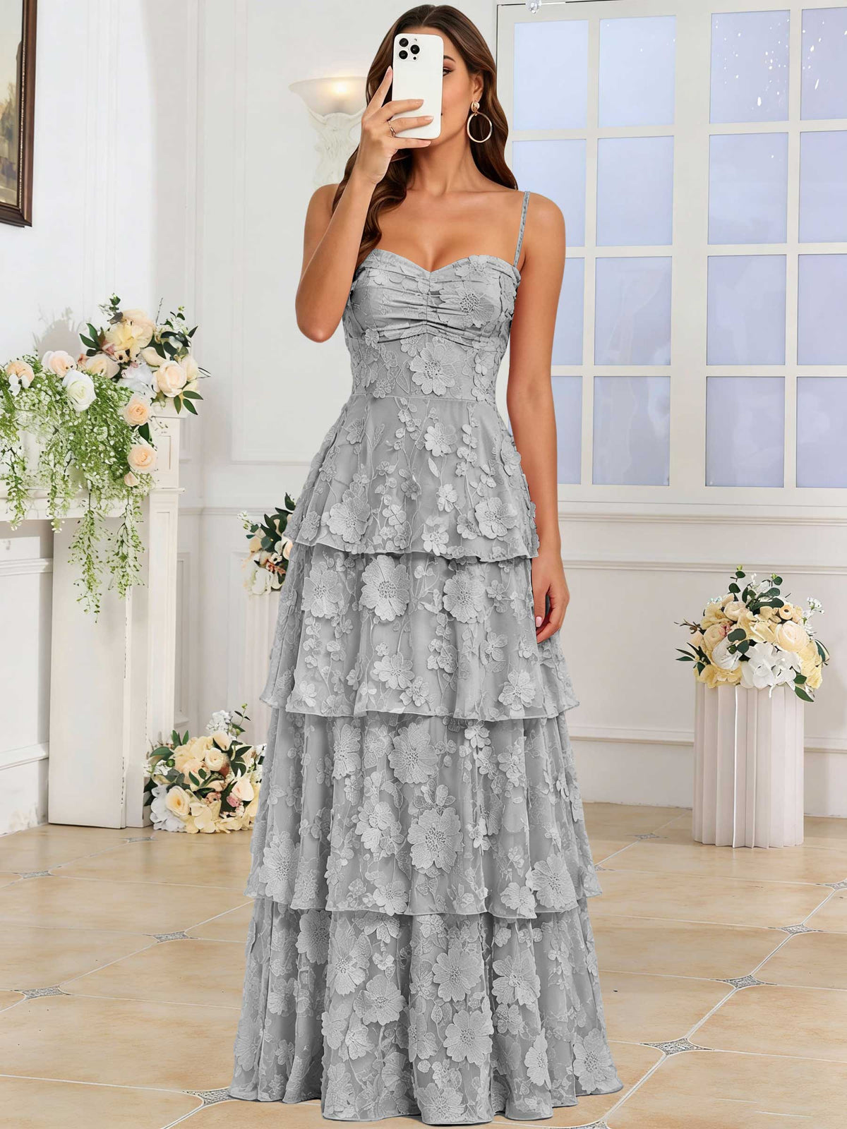 Spaghetti Strap 3D Floral Tiered Tulle Formal Prom Dress