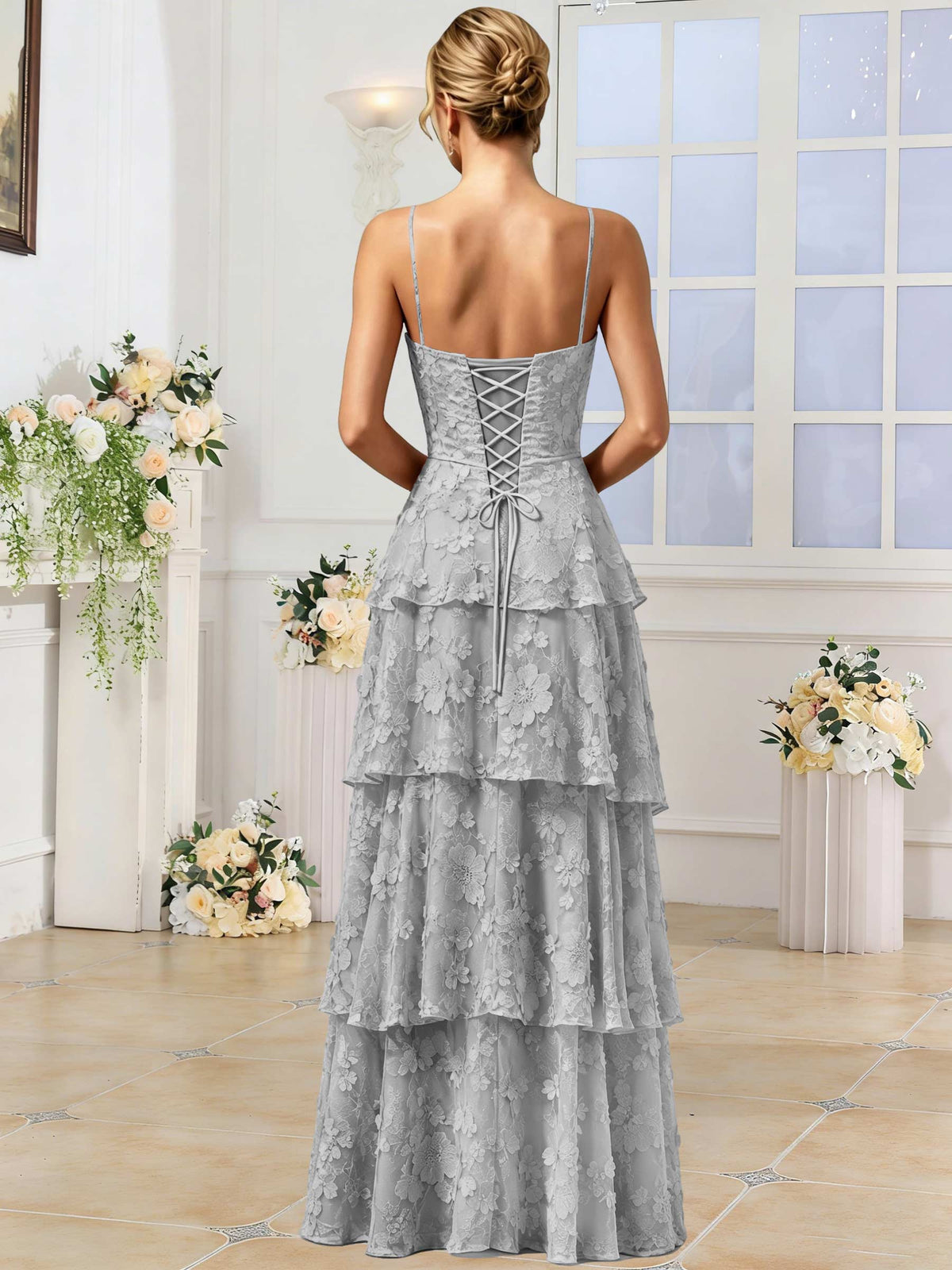 Spaghetti Strap 3D Floral Tiered Tulle Formal Prom Dress