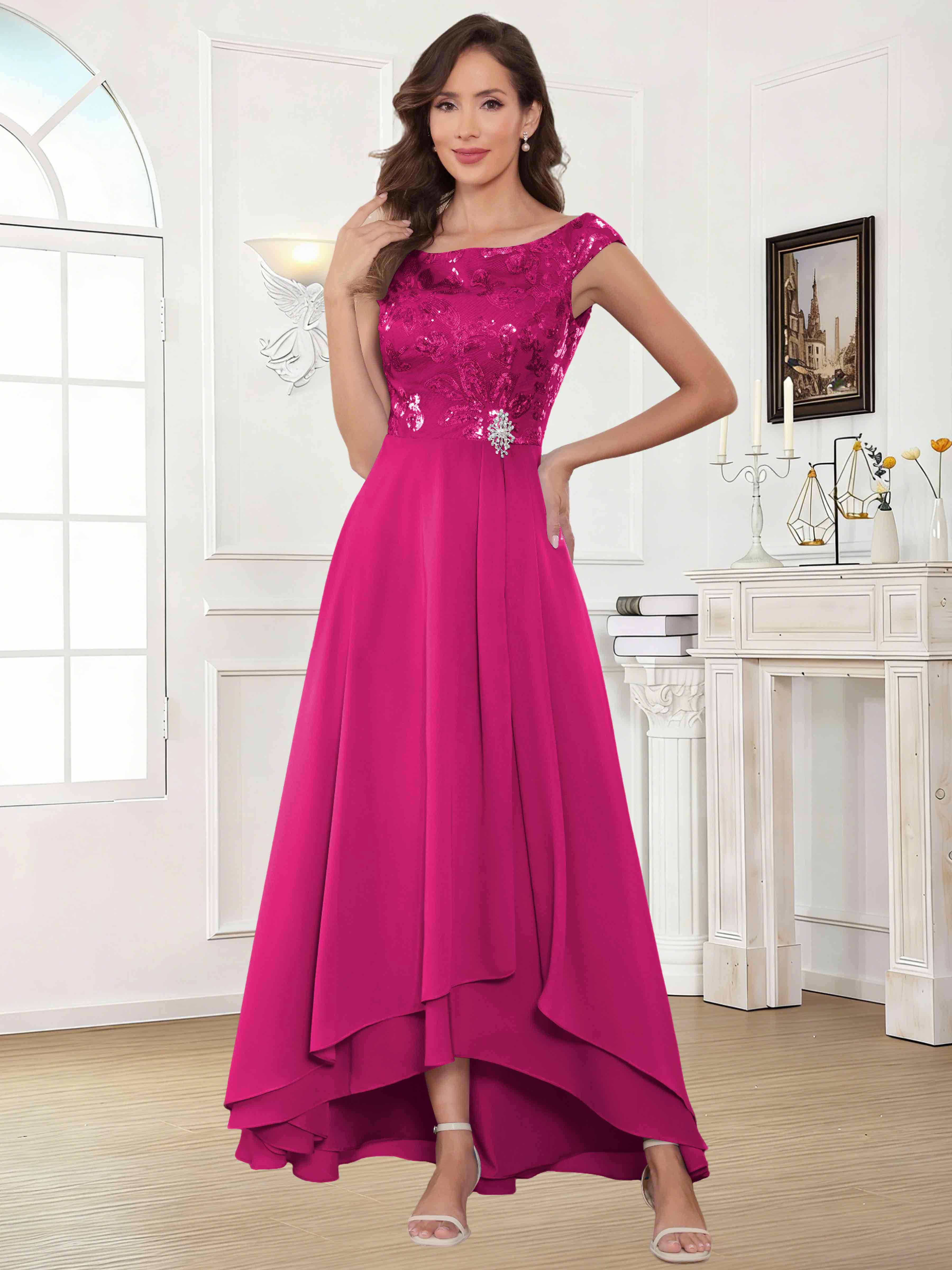 ROVDESY Tea Length Off-The-Shoulder Sequin Chiffon Mother Of The Bride Dress