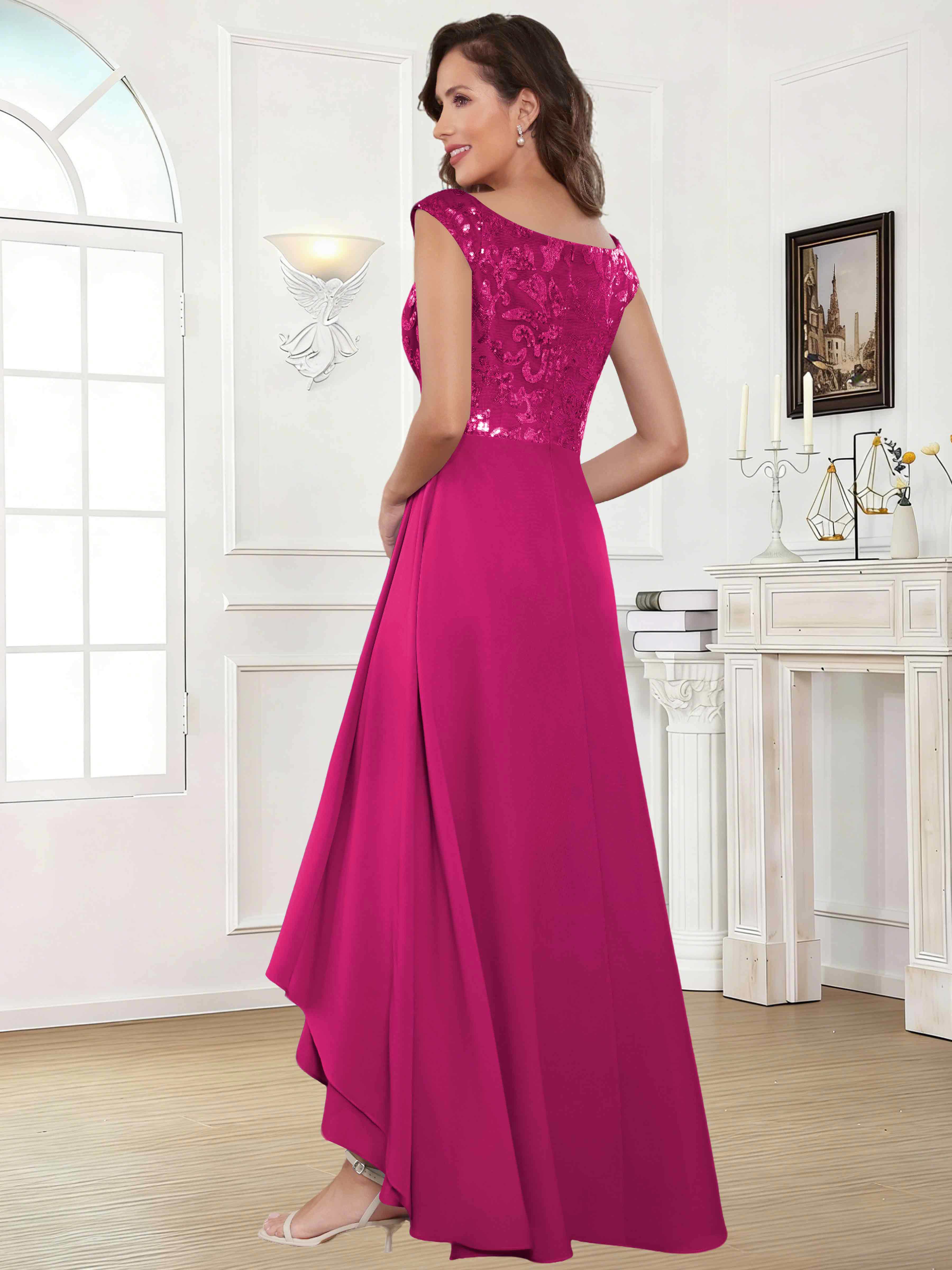 ROVDESY Tea Length Off-The-Shoulder Sequin Chiffon Mother Of The Bride Dress