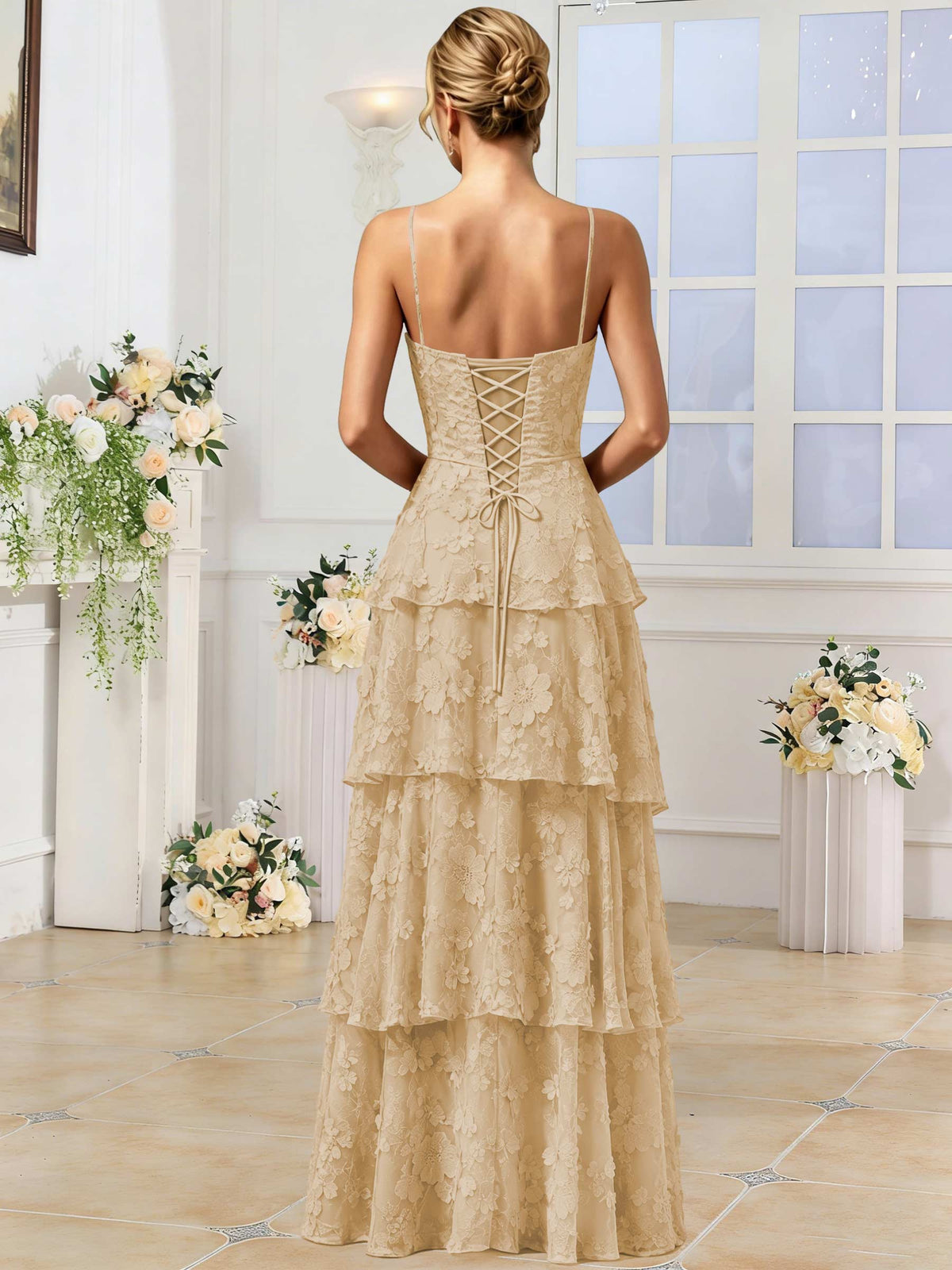 Spaghetti Strap 3D Floral Tiered Tulle Formal Prom Dress