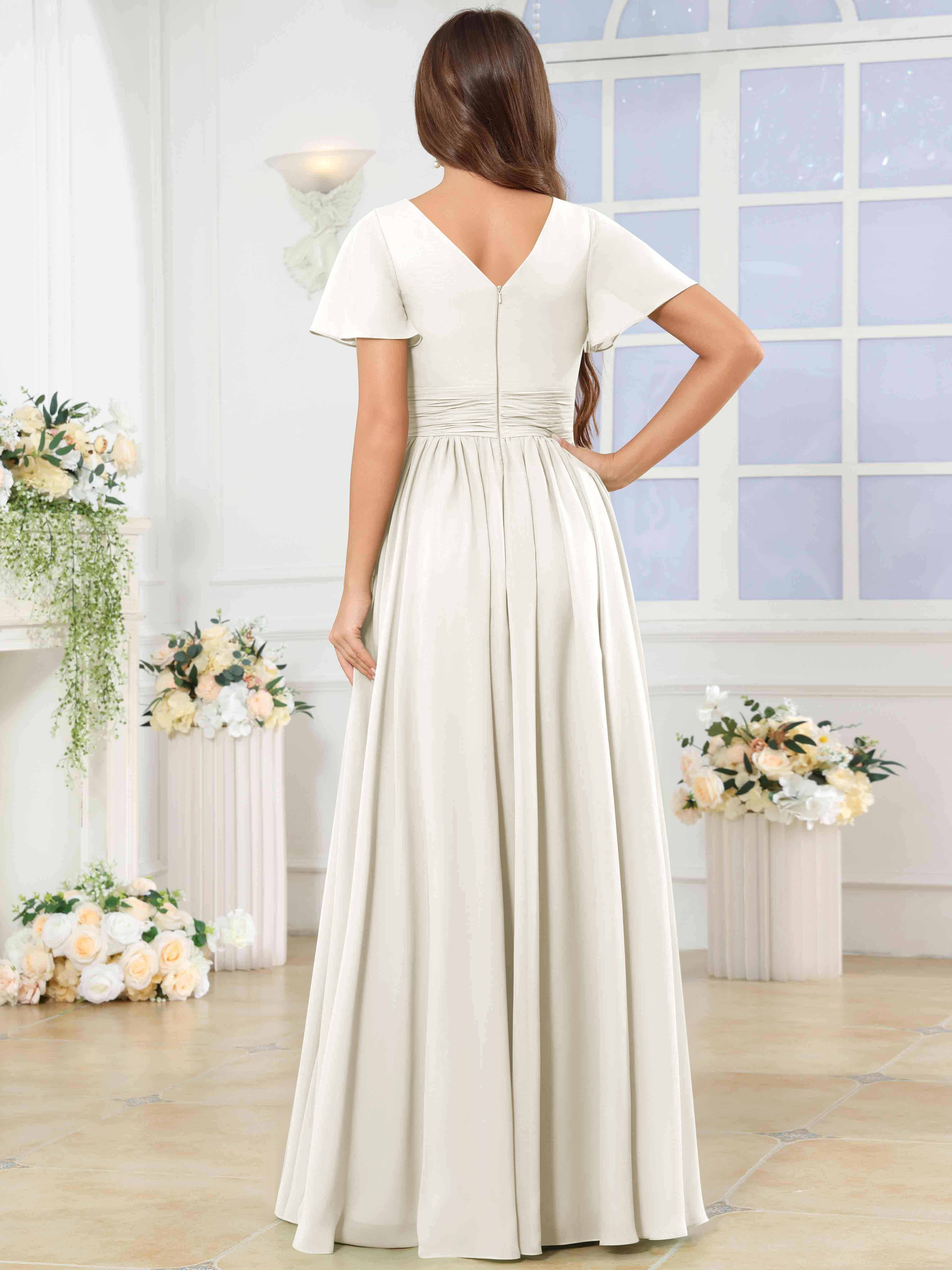 ROVDESY A-Line V-Neck Slit Pleated Ruffle Chiffon Bridesmaid Dress With Short Sleeves