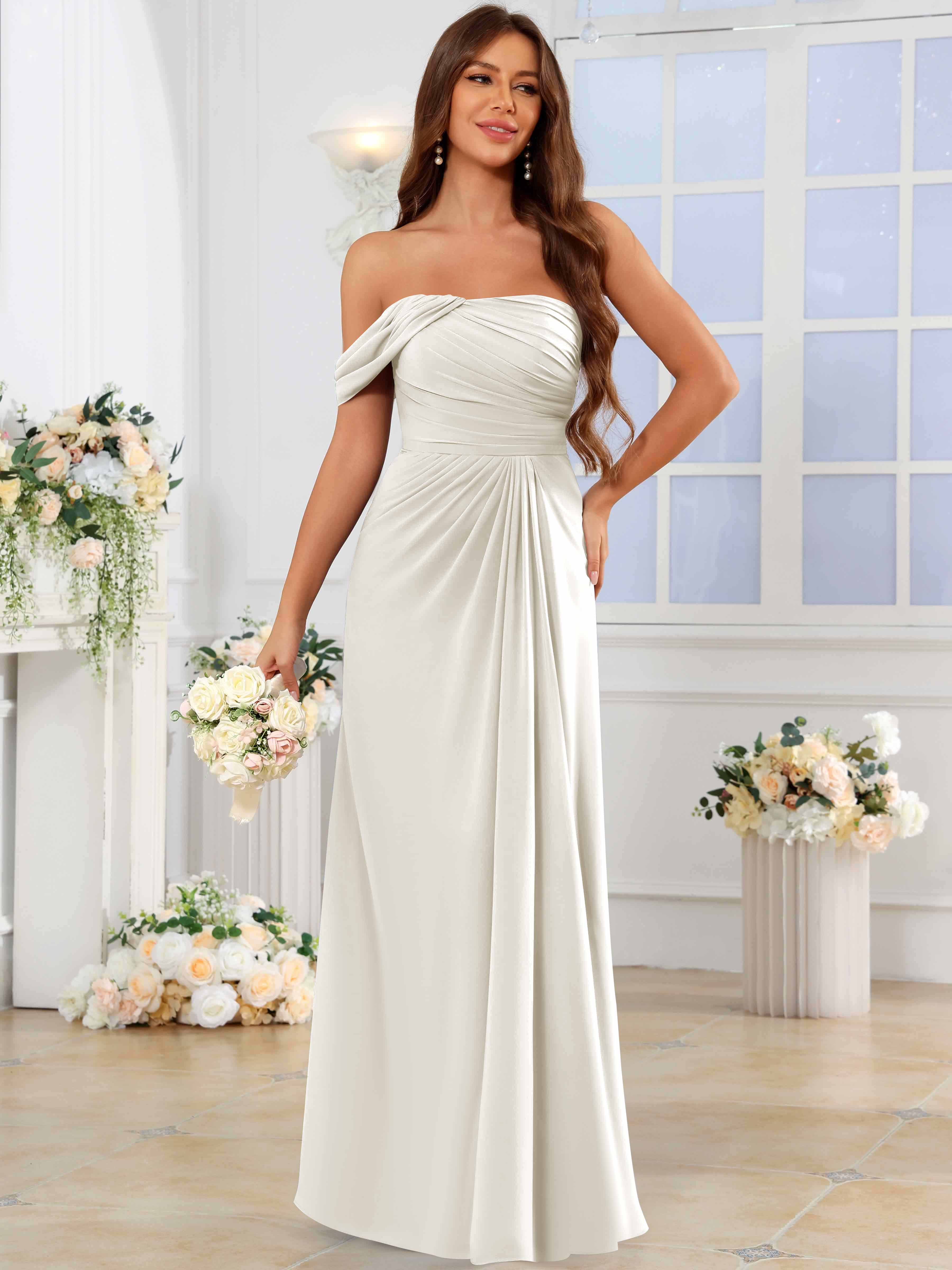 ROVDESY One Shoulder Off The Shoulder Pleated Chiffon Bridesmaid Dress