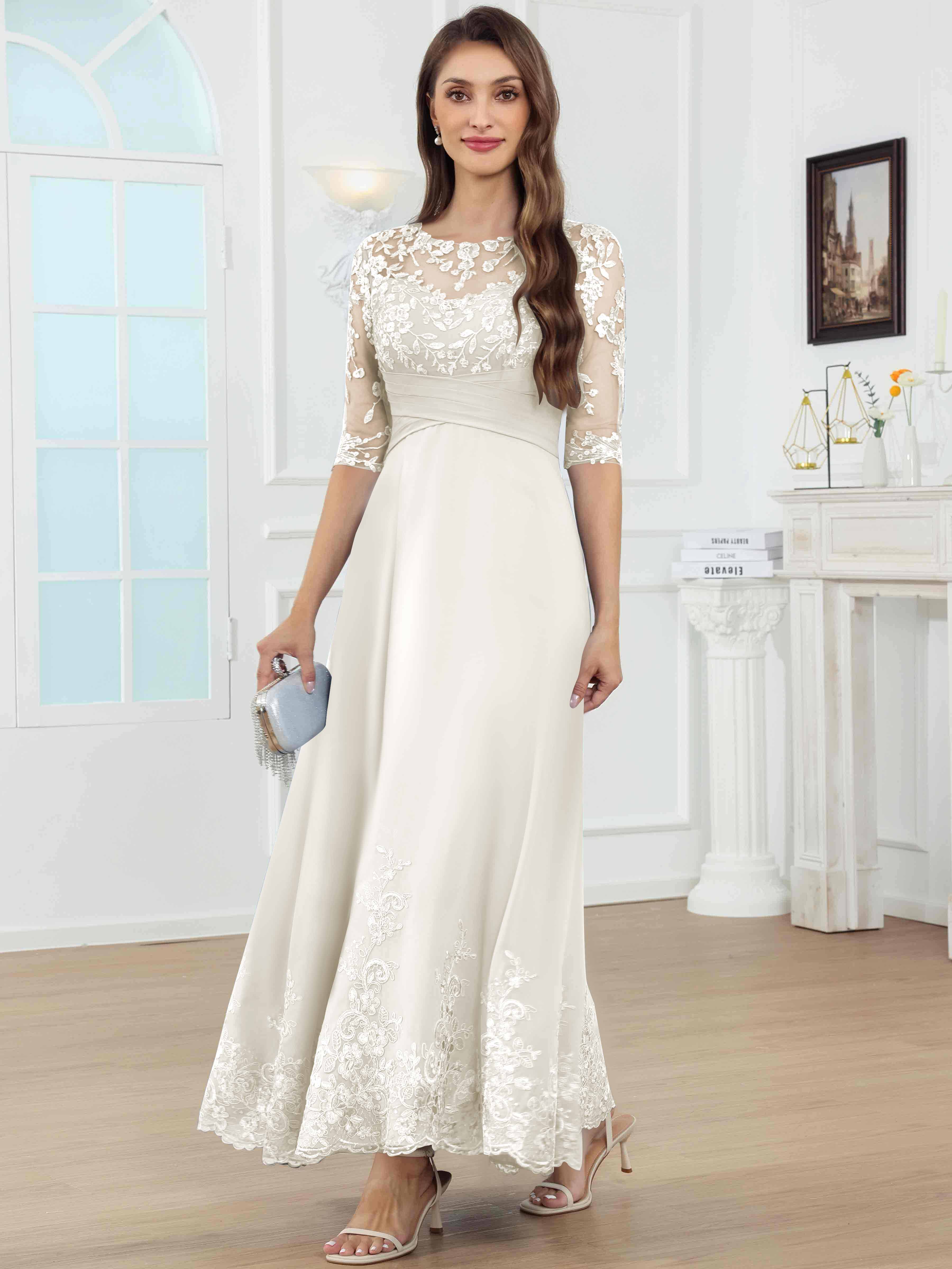 ROVDESY A-Line Lace Sequin Pleated Chiffon Mother Of The Bride Dress With Half Sleeves