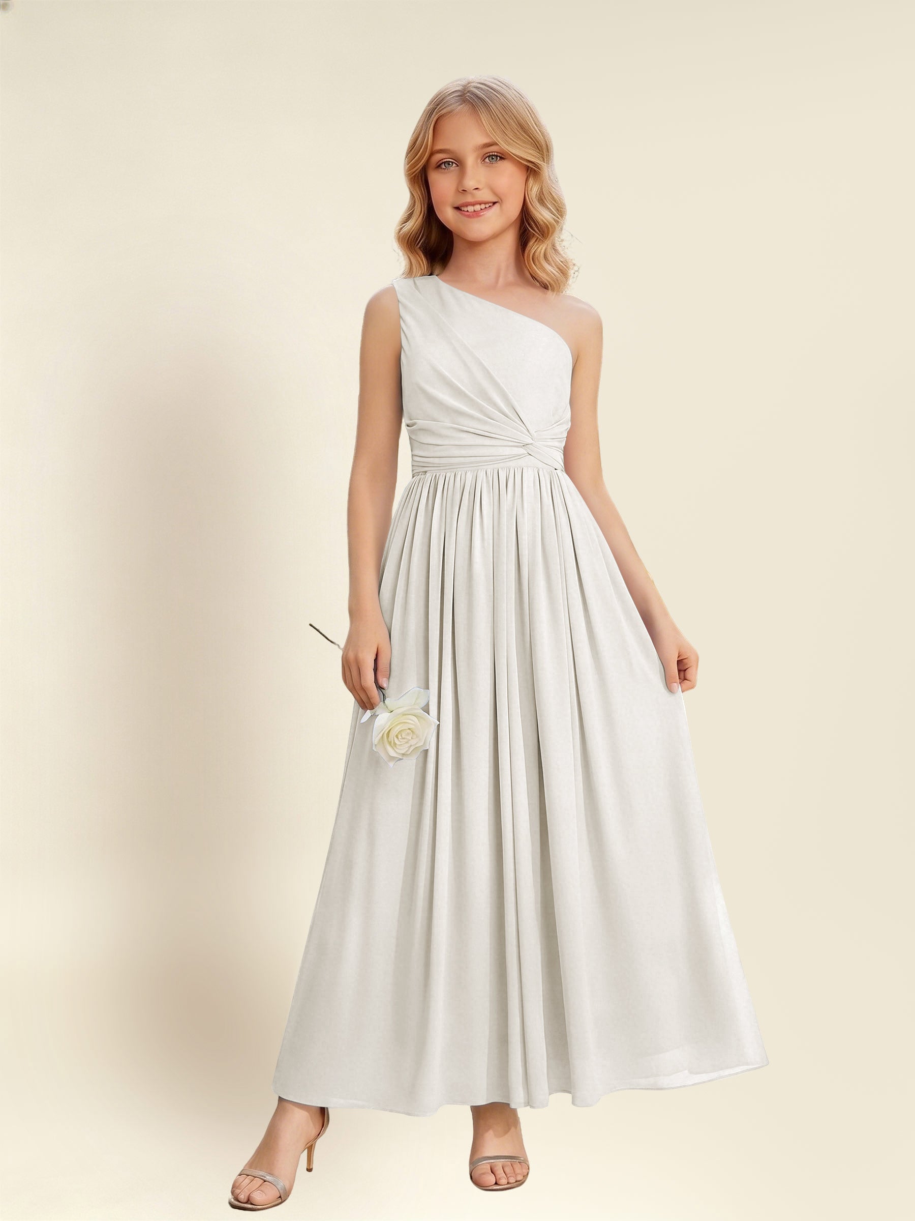 ROVDESY One Shoulder Twist Waist Chiffon Junior Bridesmaid Maxi Dress
