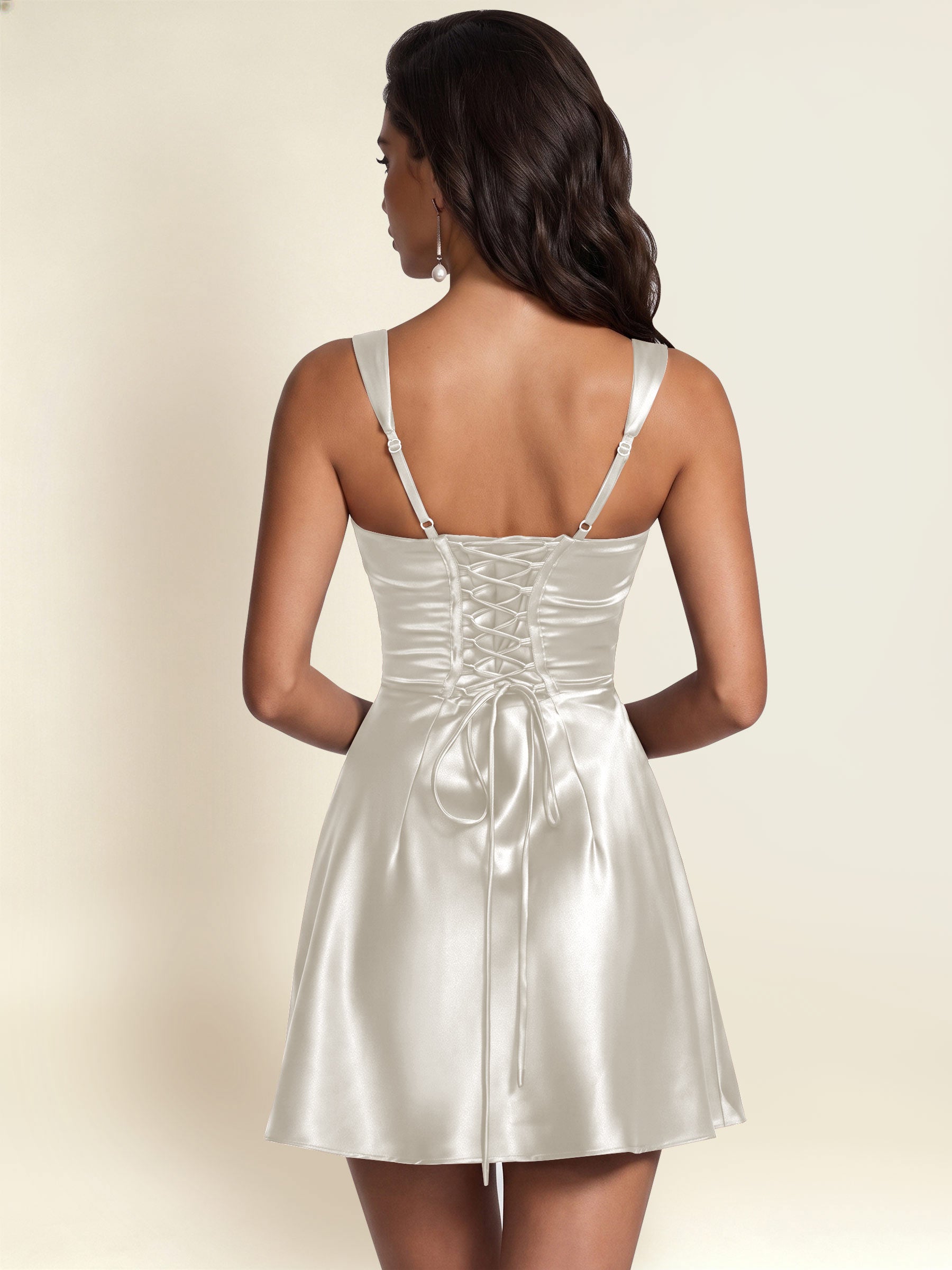 ROVDESY Square Neck Pleated Satin Homecoming Mini Dress