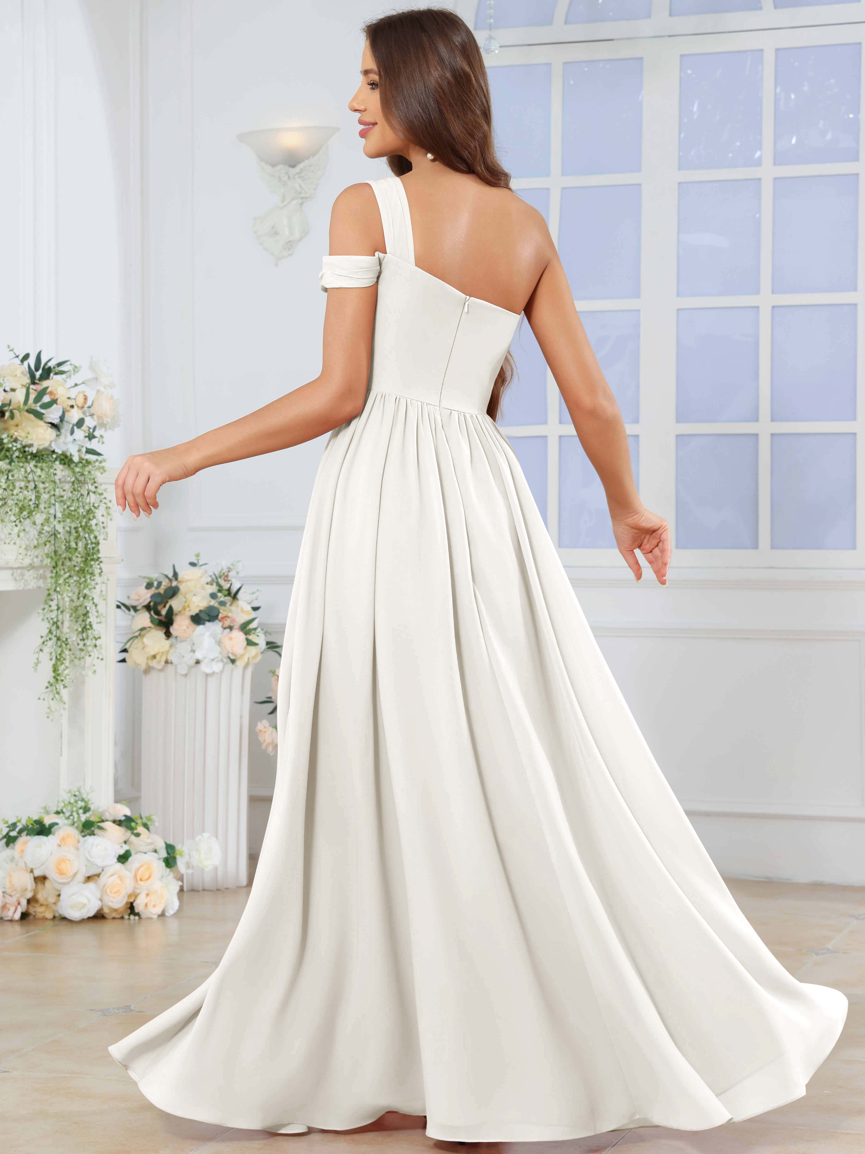 ROVDESY One Shoulder Pleated Chiffon Bridesmaid Dress With Slit