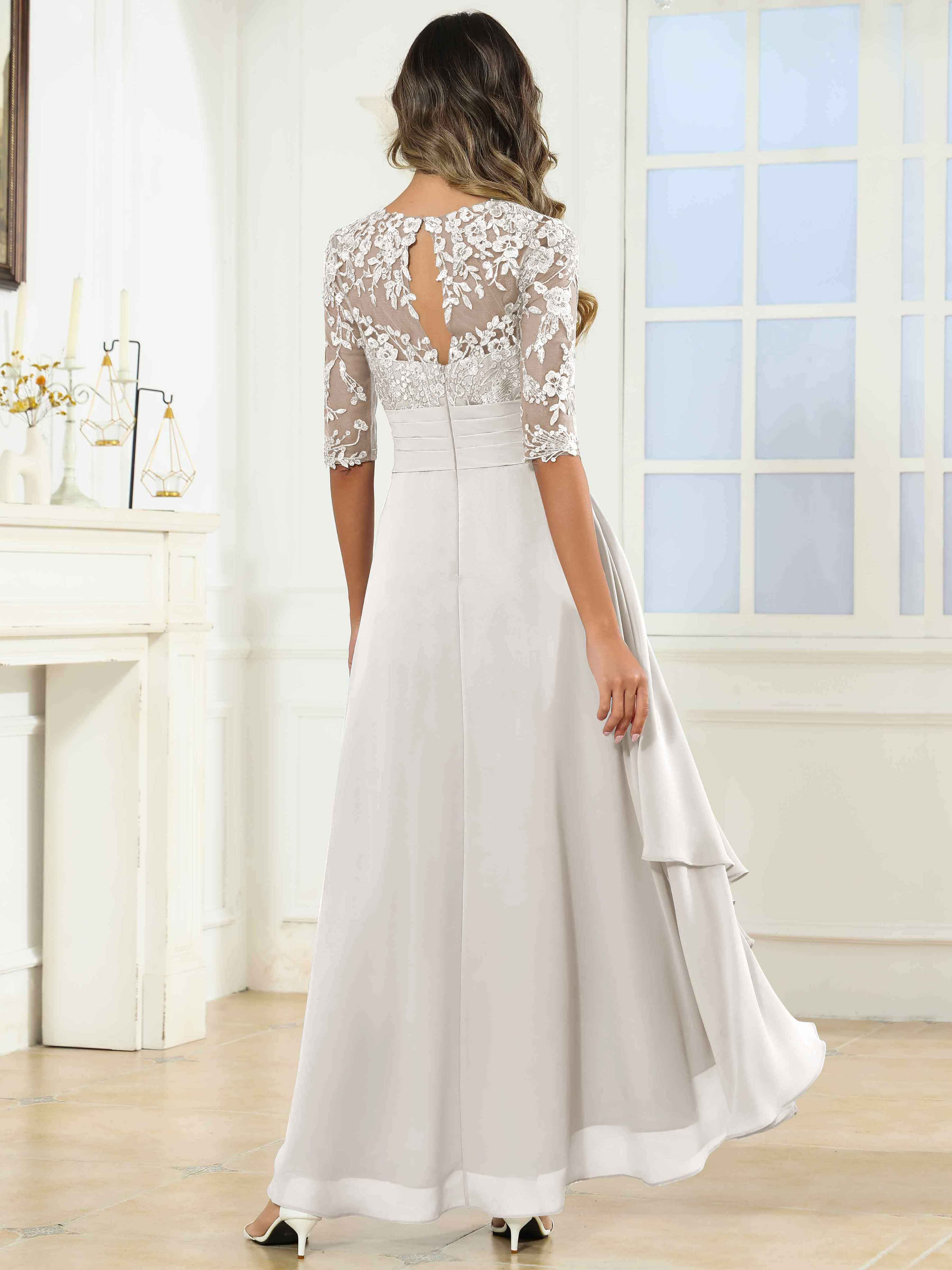 ROVDESY Tea Length A-Line Lace Chiffon Mother Of The Bride Dress With Half Sleeves