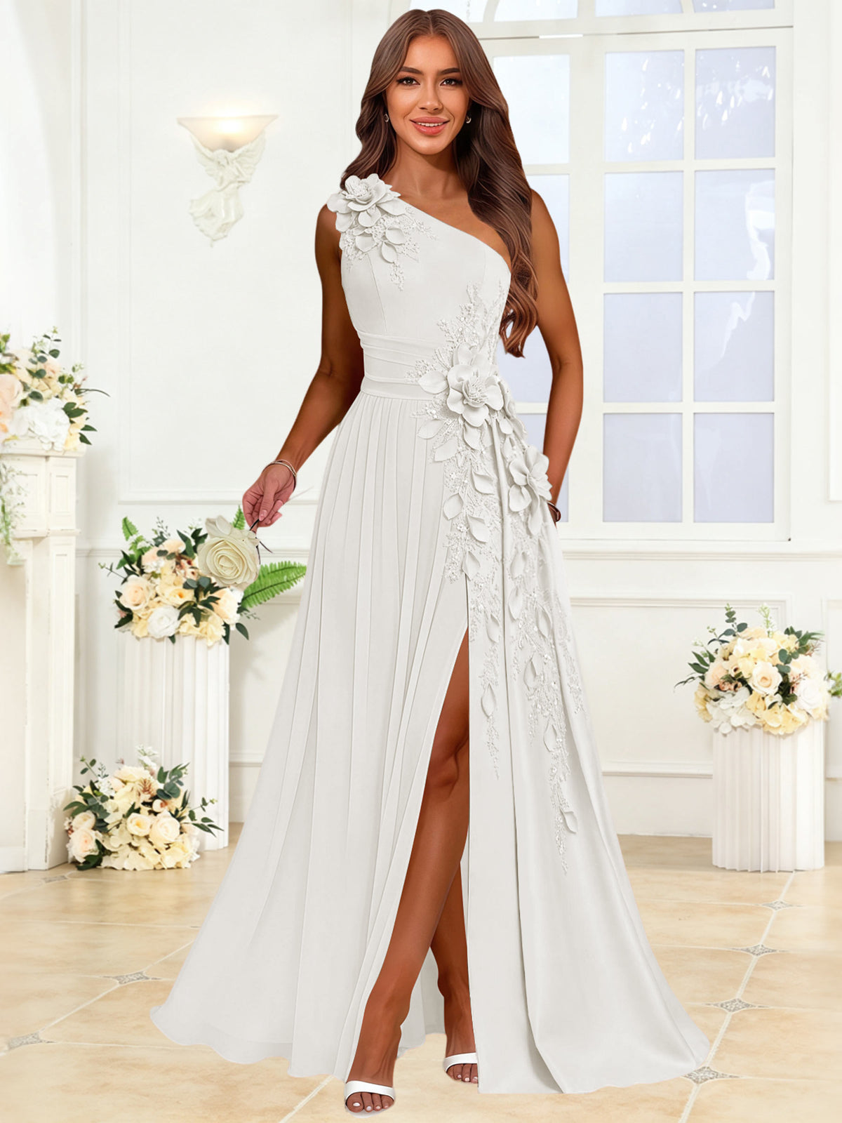 One Shoulder 3D Flower Chiffon Bridesmaid Dress with Slit