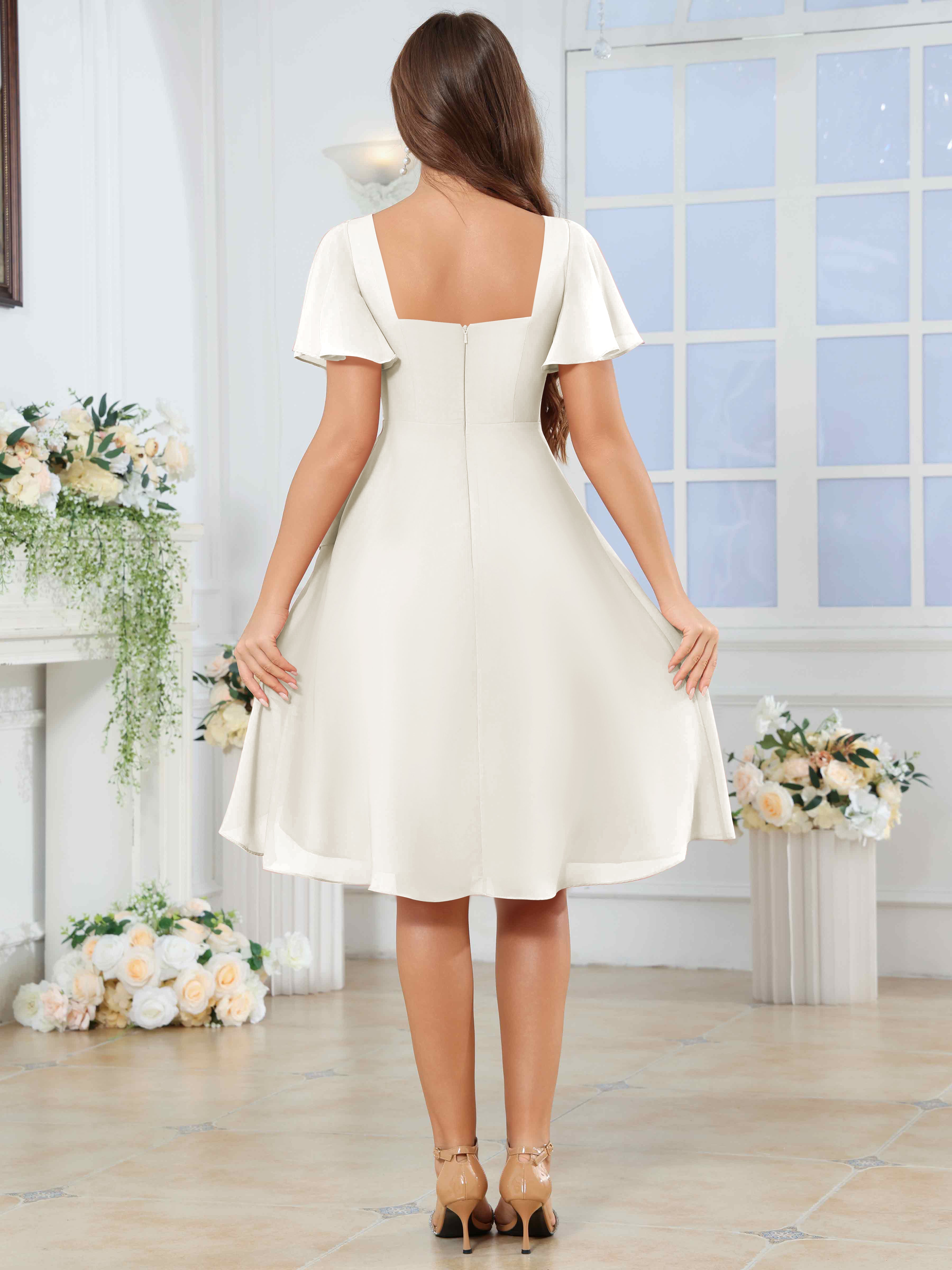 ROVDESY Knee Length V-Neck Pleated Chiffon Bridesmaid Dress With Short Sleeves