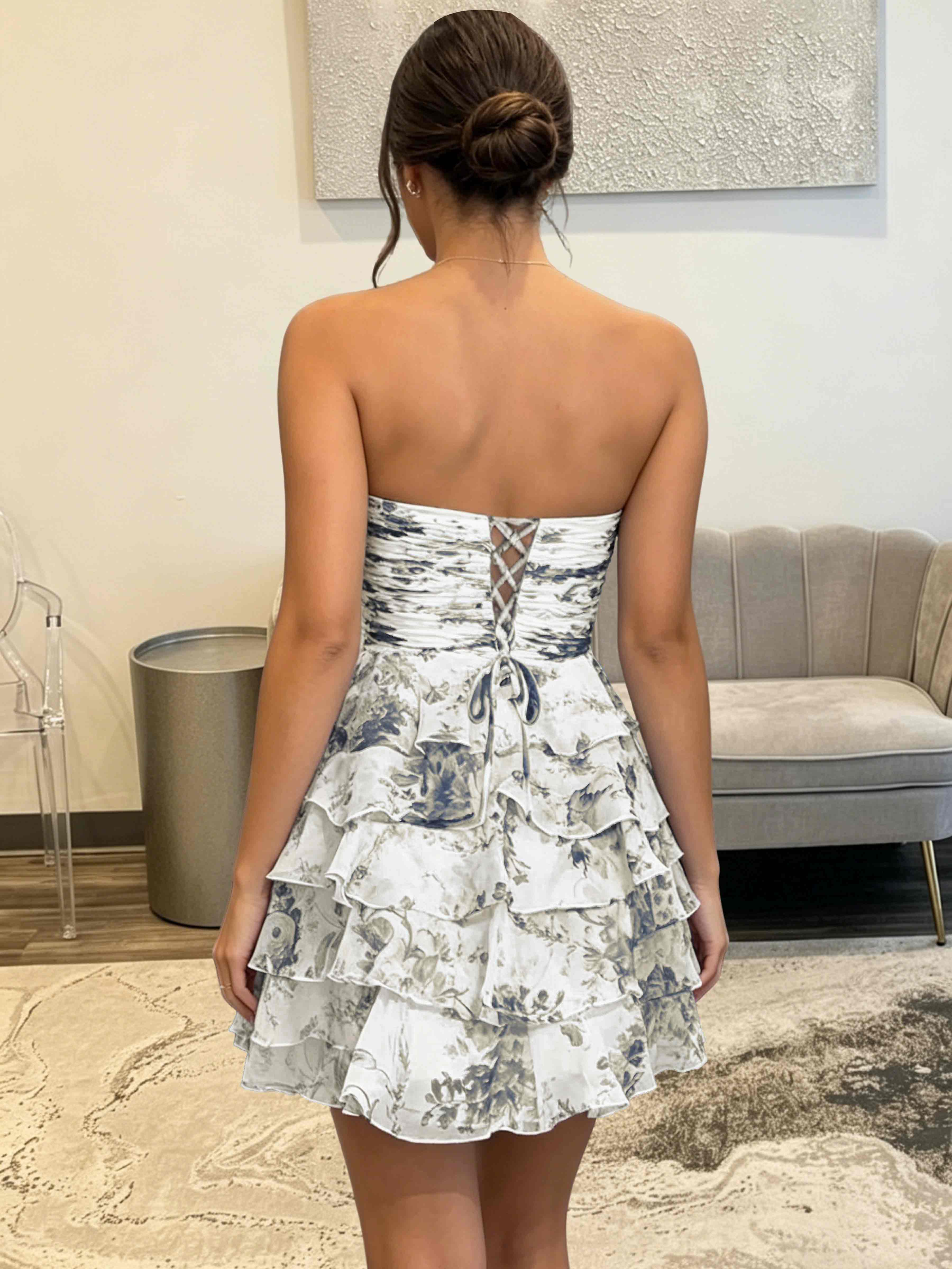 ROVDESY Strapless Tiered Ruffle Floral Print Chiffon Homecoming Mini Dress
