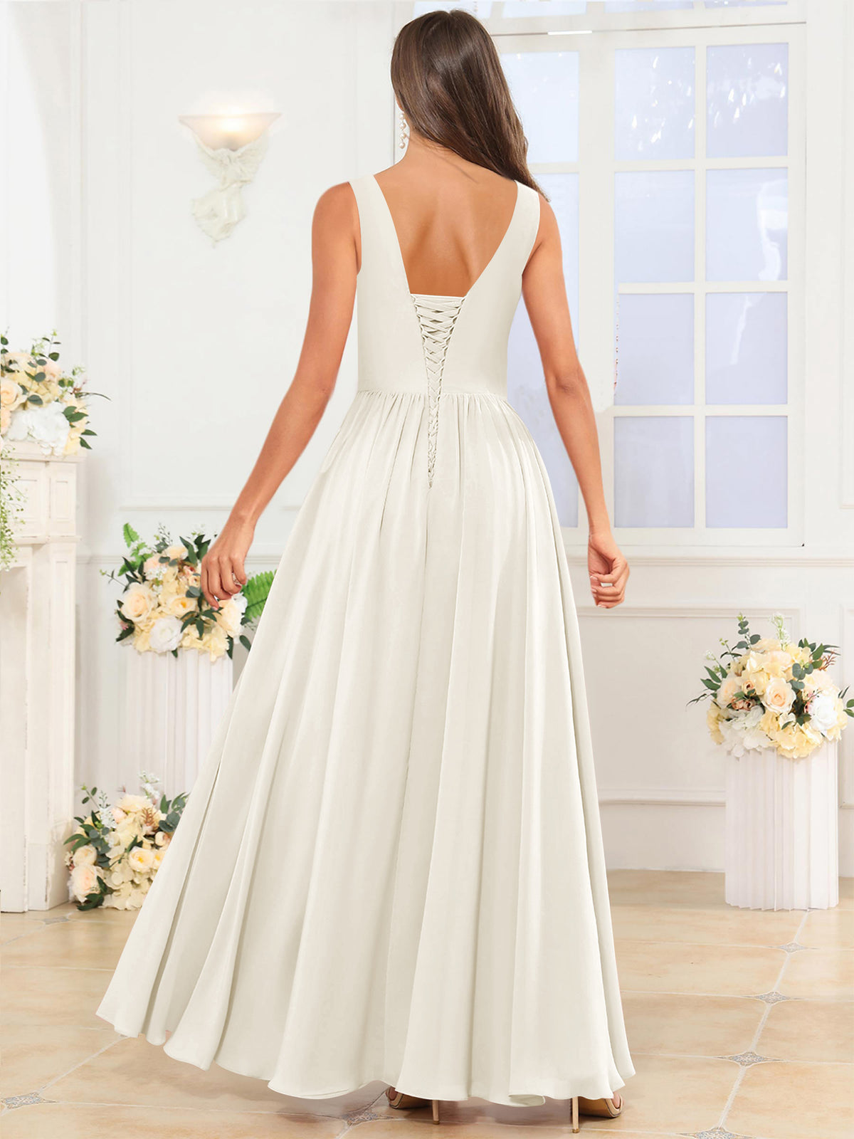 V Neck Chiffon A Line Bridesmaid Dress with Slit