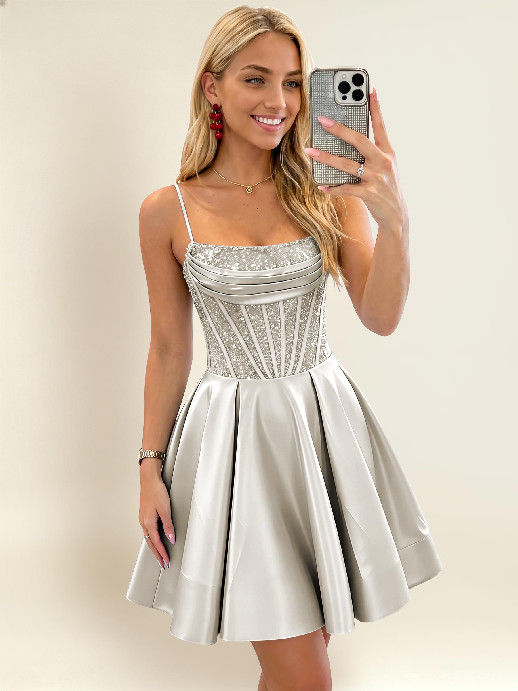ROVDESY A-Line Spaghetti Strap Sequin Corset Satin Homecoming Mini Dress